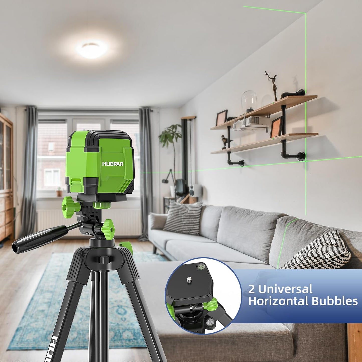 Huepar 60-Inch Lightweight Tripod Portable Adjustable Tripod for Laser Level with 3-Way Swivel Pan Head, 2 Bubble Levels, 1/4" and 5/8" Thread Mount for Varieties Tools, Only for Indoor Basic Work