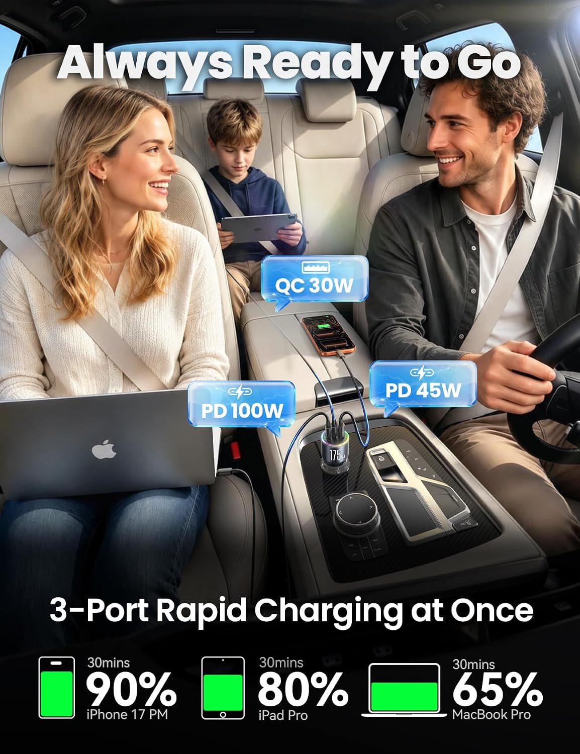 JOYROOM 175W Car Charger USB C Fast Charge, 3-Port Super Fast Car Charger | [GaN] PD100W+PD45W+QC30W, Car Cigarette Lighter USB Charger with 100W USB-C Cable for iPhone, Samsung, Pixel, MacBook, iPad