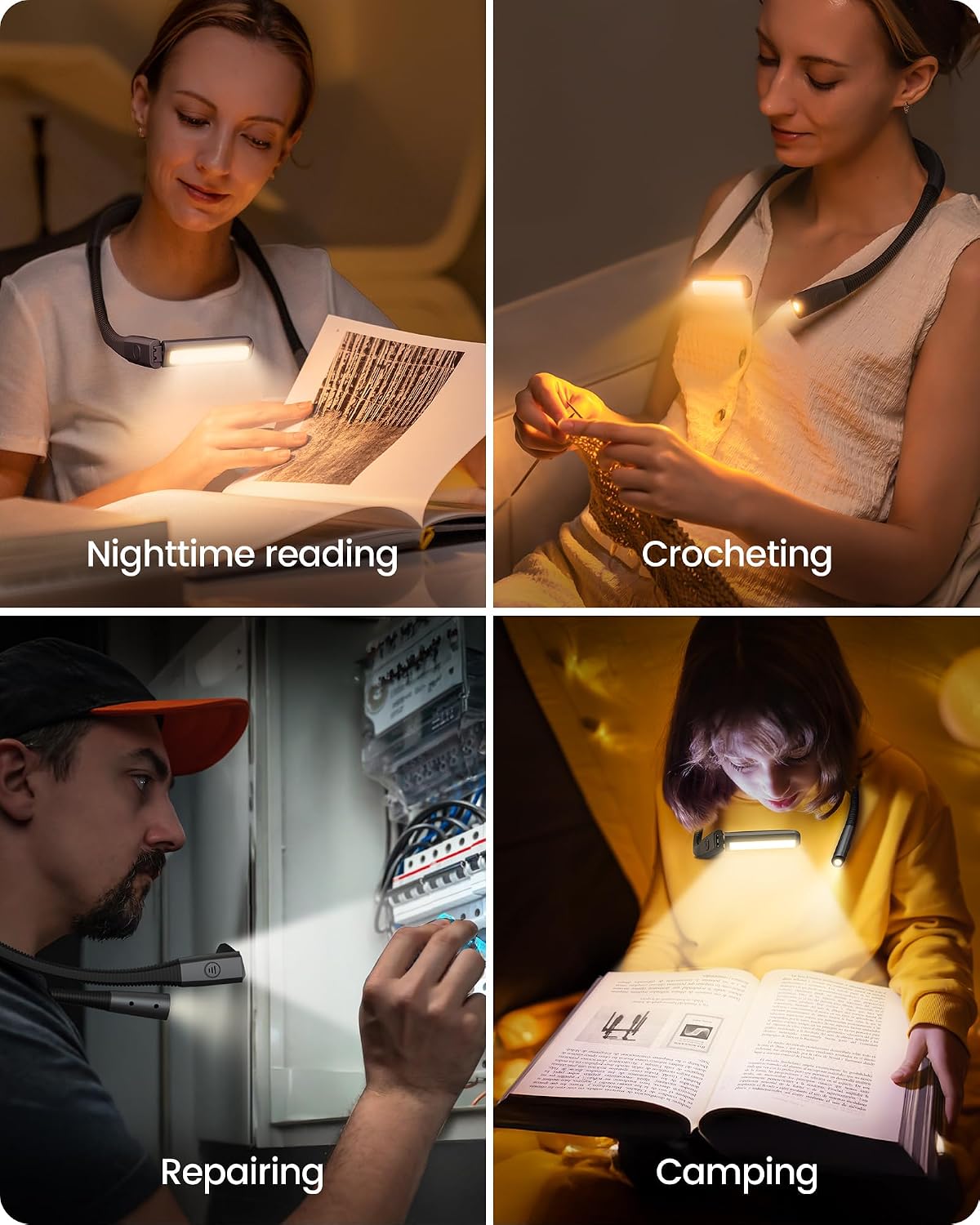 Glocusent Bendable Neck Light, 100 Hours Reading Light for Book Lover Gifts | Hands-Free, Knitting, Crafting, Repairing, 5-Color, Stepless Dimming, Ergonomic, Rechargeable, Eye Care, Sleep Aid, Traveling