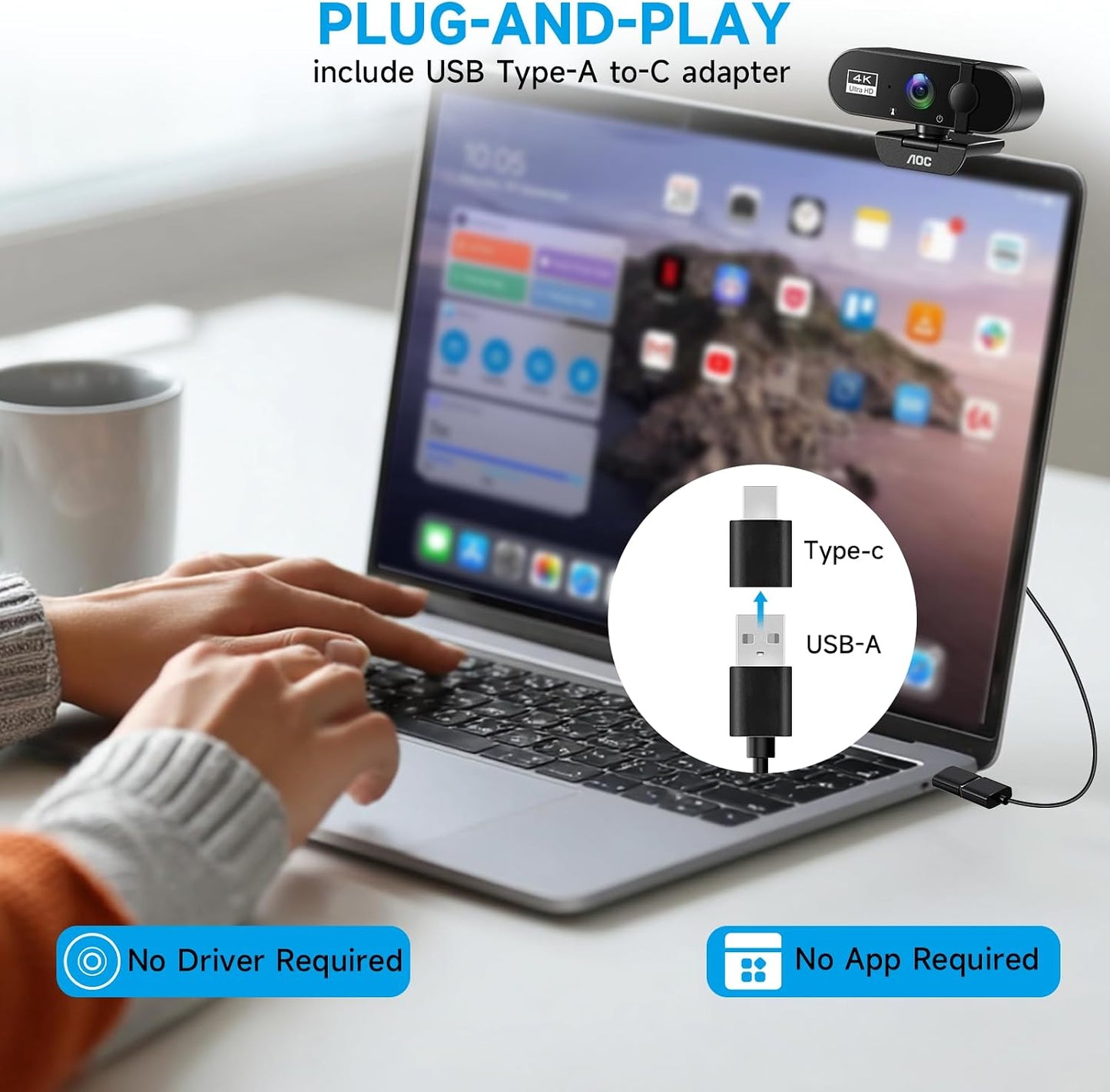 AOC 4K Webcam for PC, Streaming Computer Camera with Noise-Canceling Mic | 90° FOV, Privacy Cover, Plug & Play, Zoom/Skype/FaceTime Compatible, Works with Mac/Laptop/Switch 2, USB C-A Adapter Included