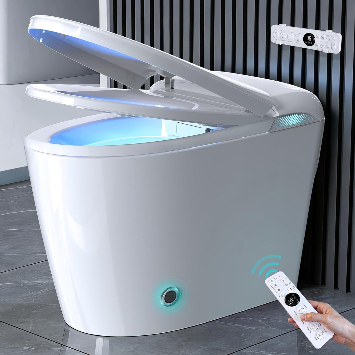 Smart Toilet with Tank, No Water Pressure Limit, Automatic Lid Open/Close, Foot Sensor Bidet Toilet, Built-in Fragrance, Warm Air Dryer, ADA Compliant Height Bidet Toilet for Bathroom