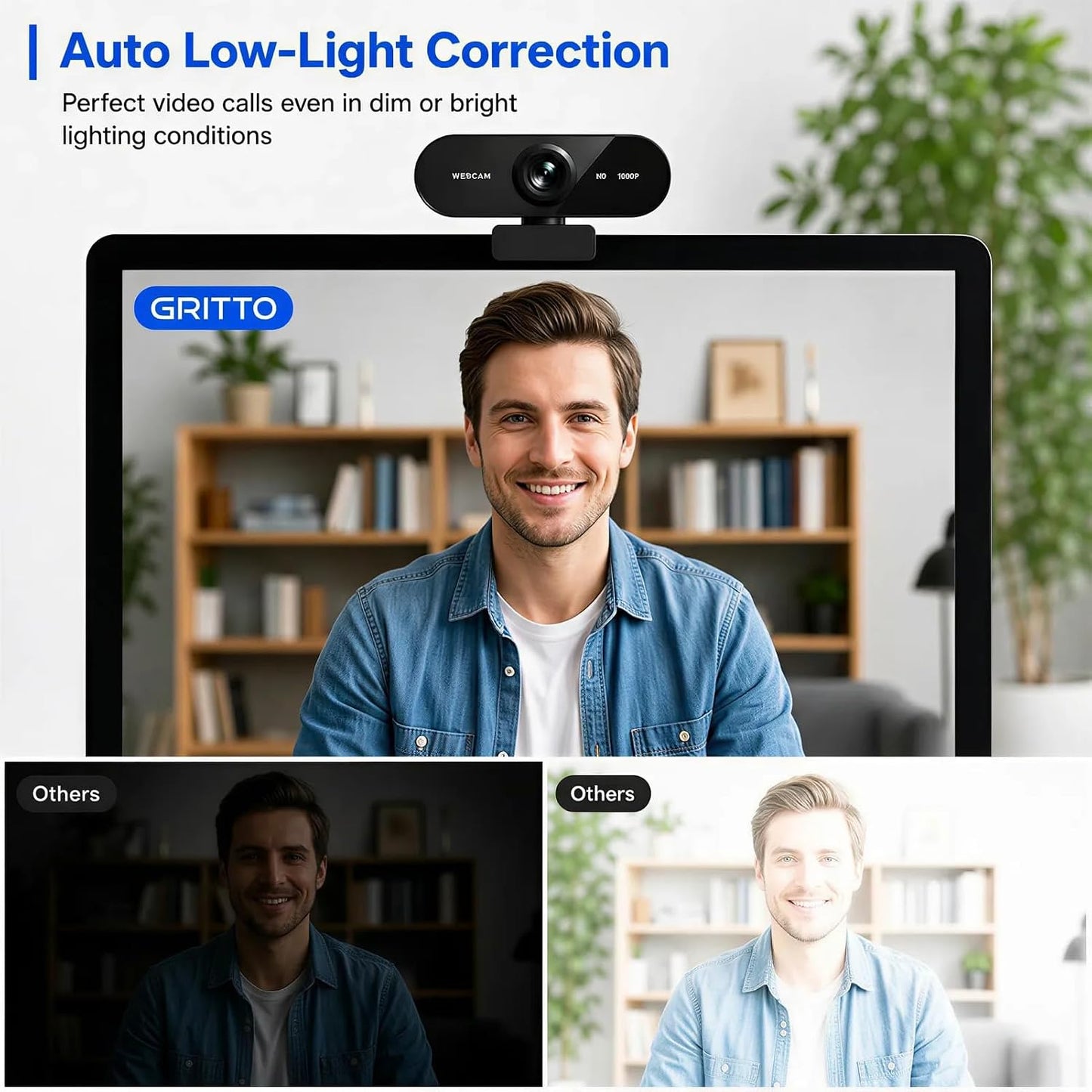 Gritto 1080P HD Webcam with Auto Focus & Microphone, 30FPS Computer Camera, USB Plug-and-Play with Type-C Adapter, 360° Rotating Webcam for Zoom Meetings, Teams, Streaming & Online Classes