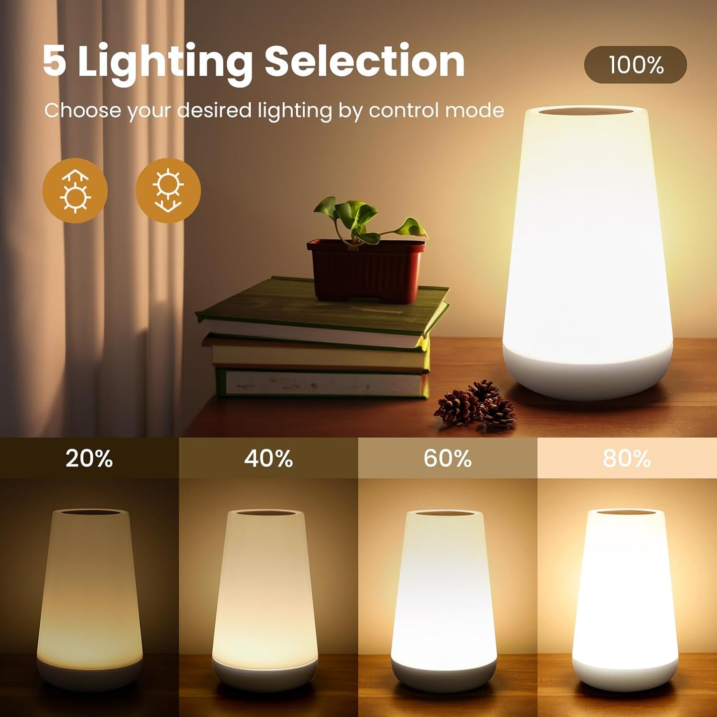 THAUSDAS Telecontrol Night Light Touch Lamp: 13 Colors, 5 Brightness, White | TableBedside Lamp 1500mAh USB Rechargeable - 3 Lighting Modes, 1/2/4/6H Auto - Off For Nursery & Bedroom & Camping