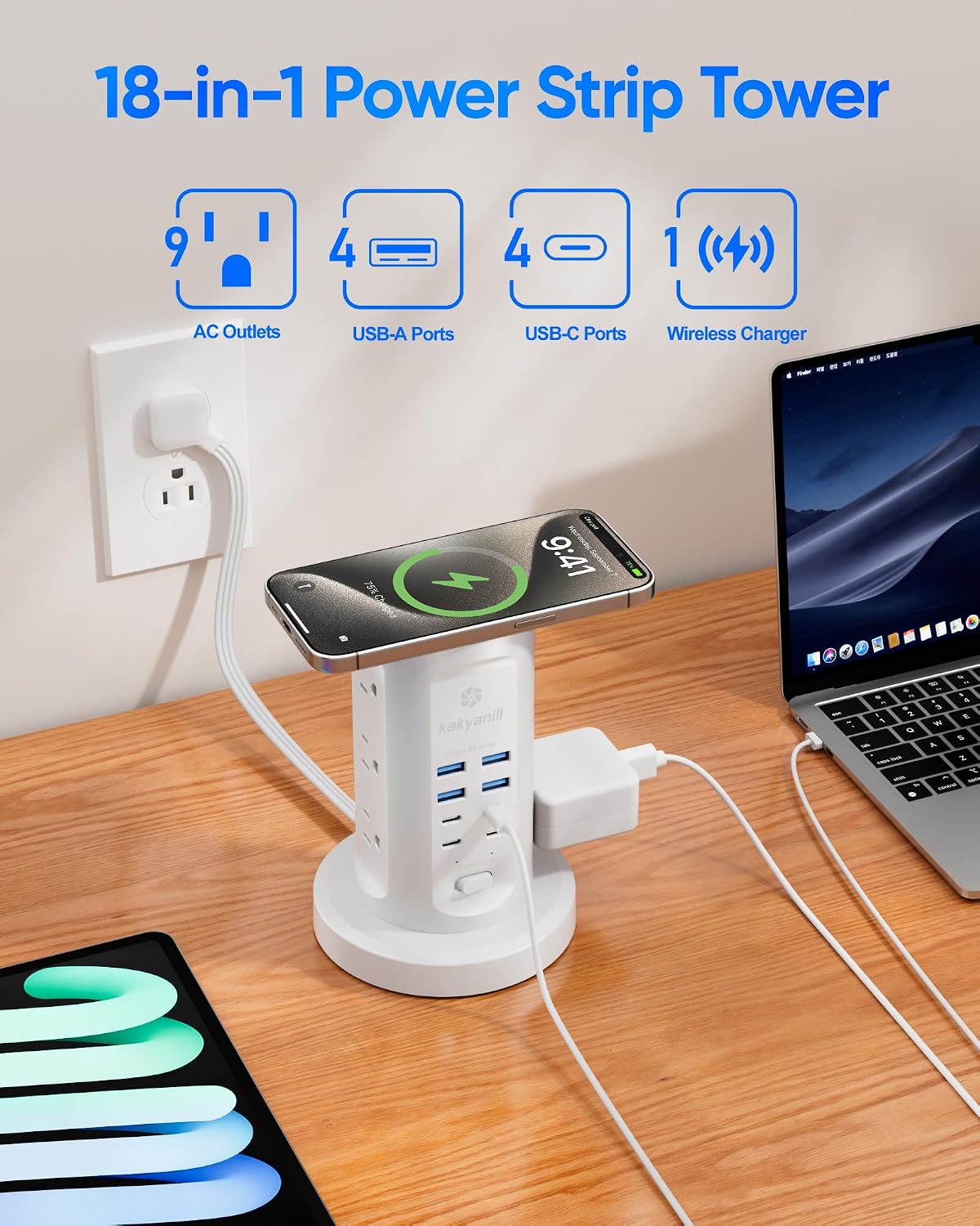 Power Strip Tower, kakyanill Charging Station 9 AC Outlets 8 USB Ports | 6 Ft Retractable Extension Cord, 15W Wireless Charger, White