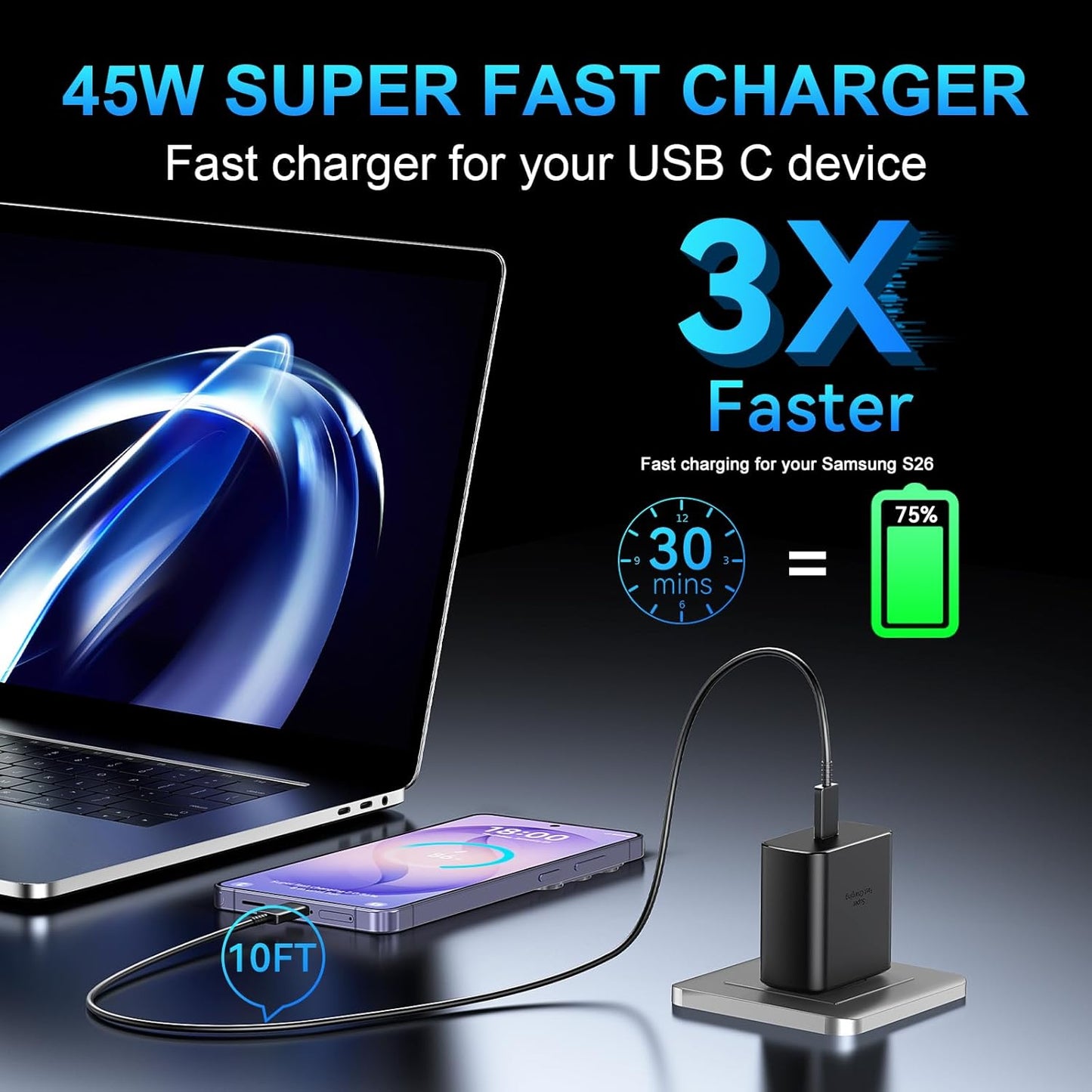 45W USB C Super Fast Charger Type C Charger Fast Charging Android Phone Charger Block with 10FT Type C Charging Cable for Samsung Galaxy S26 Ultra/S26/S26+/S25/S25 Ultra/S25+/S24 Ultra/S23 Ultra/S22