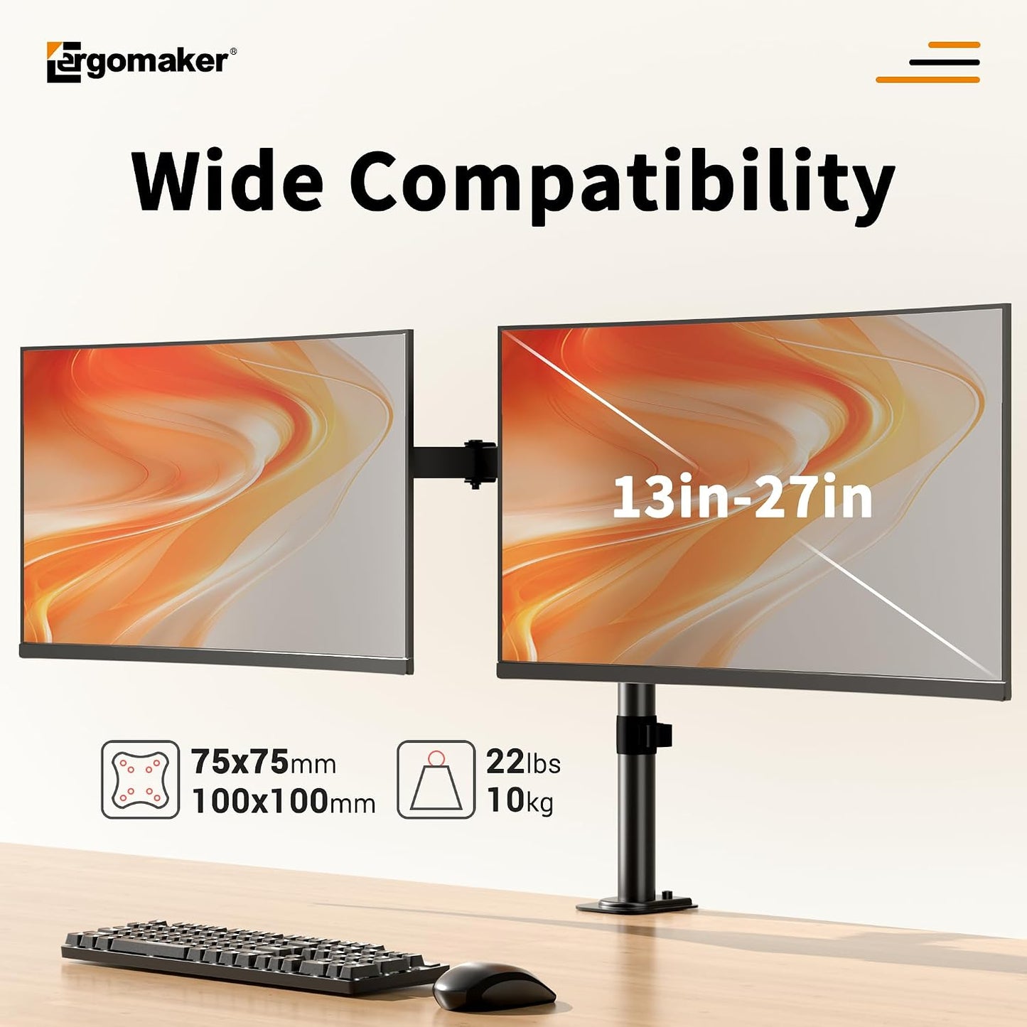 Dual Monitor Stand, Arm Monitor Desk Mount for 13" to 27" 2 Screens, Full Adjustable Height, Tilt Swivel Rotate, Holds 22 lbs per Arm, Easy to Install