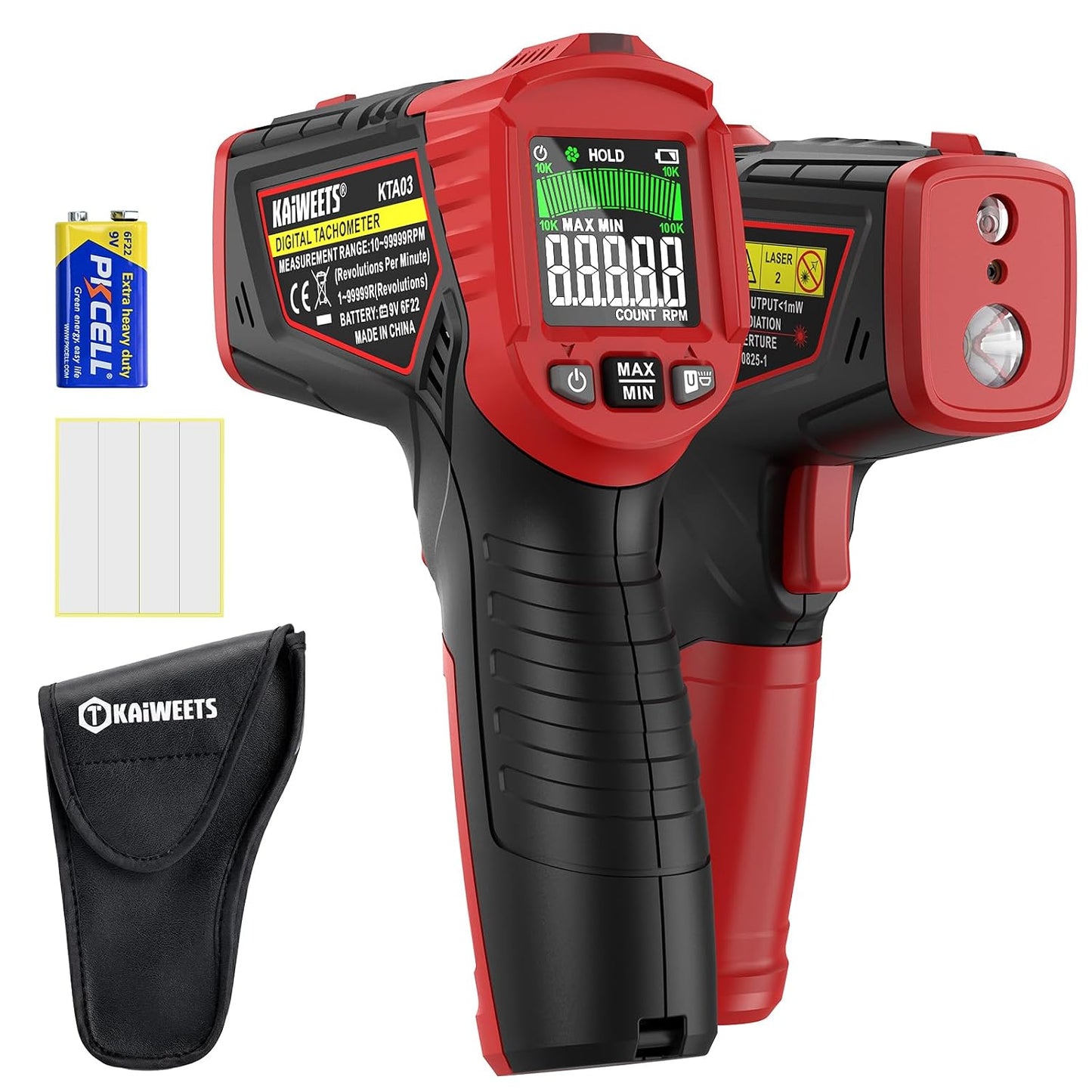 KAIWEETS Laser Tachometer Digital RPM Meter Non Contact Motor Speed Tester 10-99999 RPM, Handheld Tachometer with Large LCD Display, Max Min Memory, Reflective Tape for Engines Motors Fans