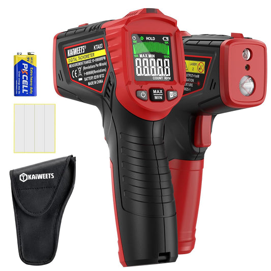 KAIWEETS Laser Tachometer Digital RPM Meter Non Contact Motor Speed Tester 10-99999 RPM, Handheld Tachometer with Large LCD Display, Max Min Memory, Reflective Tape for Engines Motors Fans