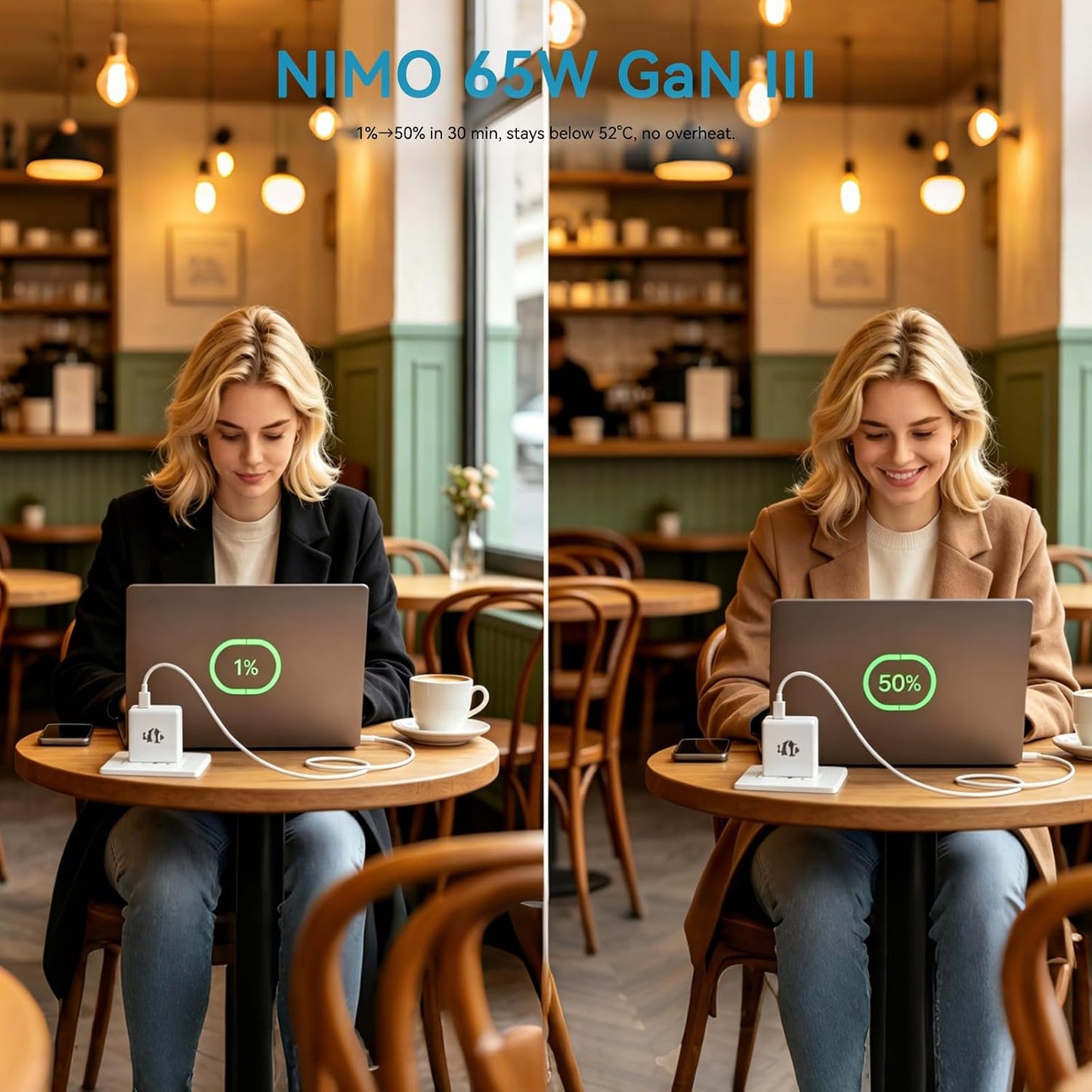 NIMO 65W GaN USB C Fast Charger, Compact PD 3.0 Adapter with 6.6ft Cable, Reliable Laptop Power Block for MacBook Pro/Air, iPhone-17/16 Pro Max, iPad, Sam-sung-S26/S25, PPS Charger for Travel Office
