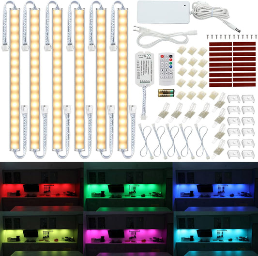 Under Cabinet LED Lighting Kit. RGB Color & Bright Warm White Light. | Slim Linkable LED Light Bars with Power Adapter, Controller, Extension Cords. Max 24W. Dimmable. Plug in. RGB + 3000K.