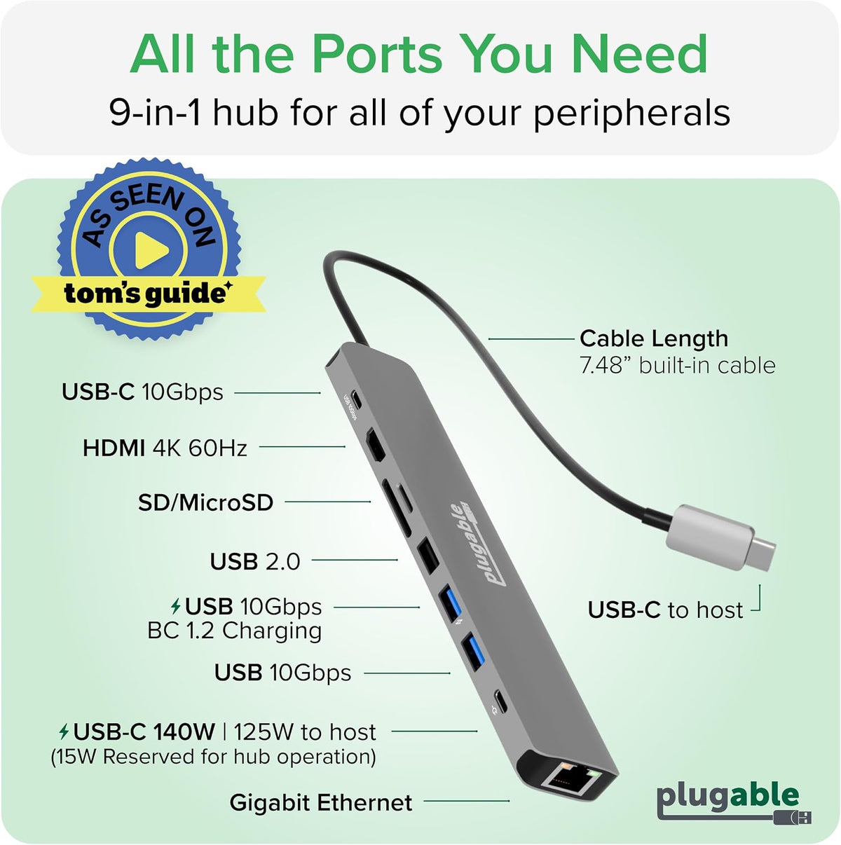 Plugable USB C Hub Multiport Adapter: 9-in-1 with 140W PD Charging, 4K 60Hz HDMI, 10Gbps Data Transfer, Gigabit Ethernet, SD for USBC, USB4, Thunderbolt MacBook, Windows, Chromebook (USBC-9IN1E)