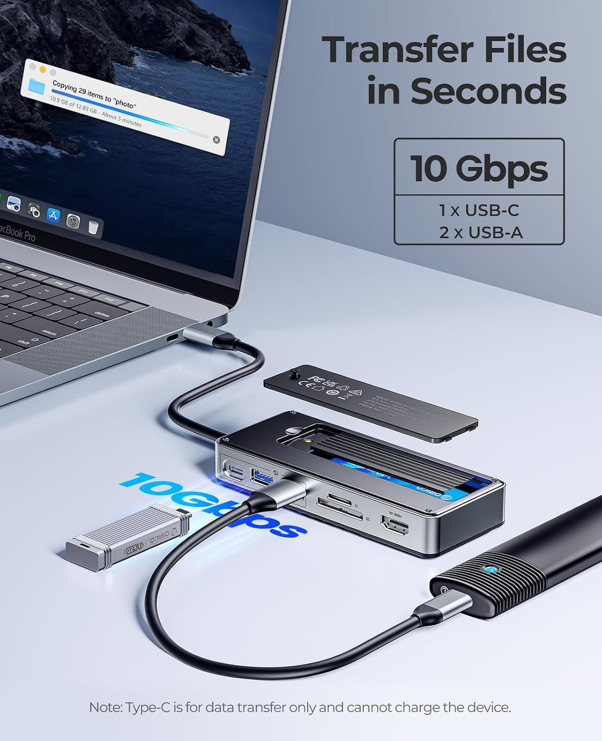 ORICO USB-C Hub with M.2 SSD Enclosure, 8-in-1 USB C Docking Station Fits M.2 NVMe/SATA SSD, 10Gbps, 4K@60Hz HDMI, 100W PD, SD/TF Card Reader