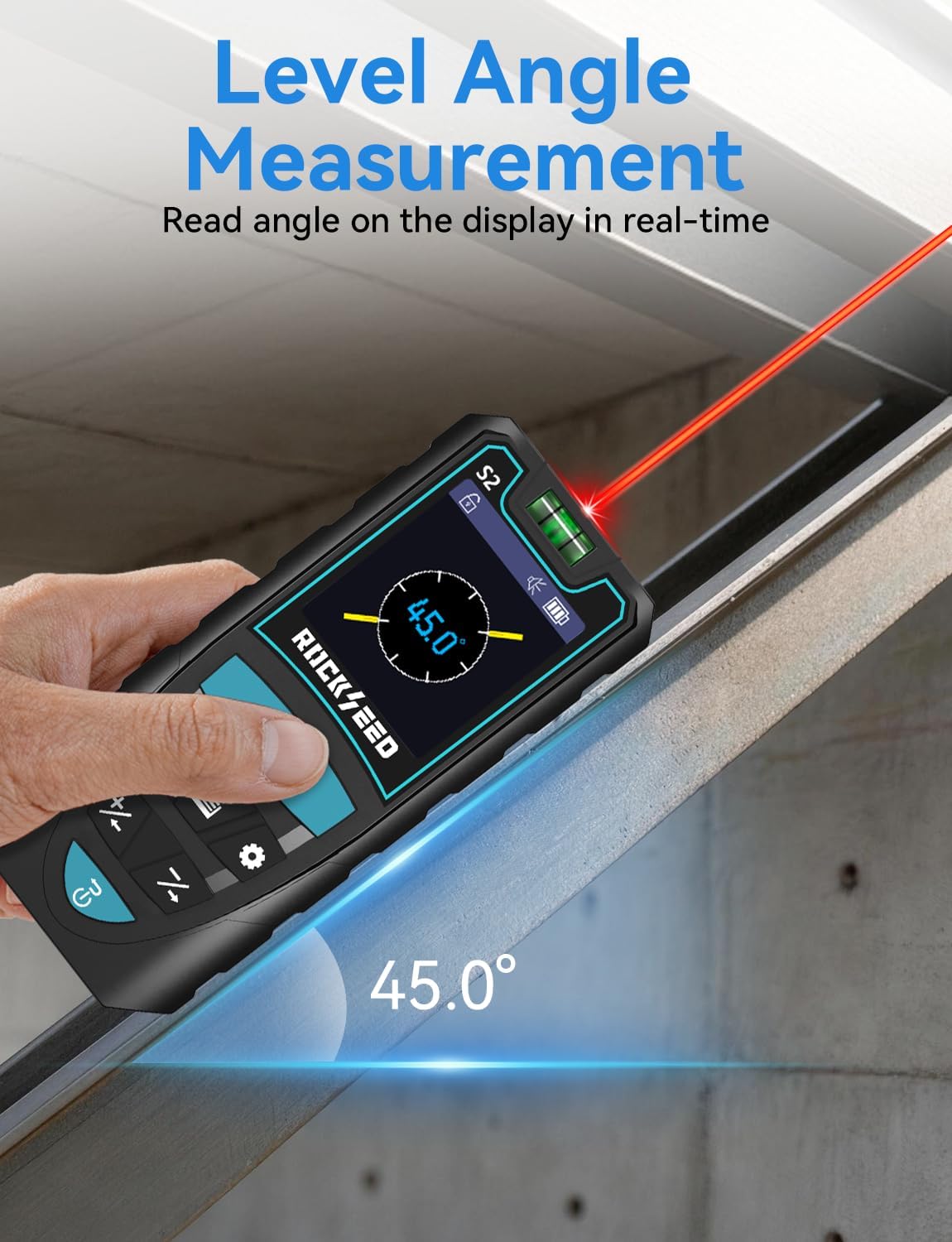 Laser Measuring Tool 165ft, RockSeed S2C Red Beam Laser Measure with Rotatable HD IPS Color Screen, 12 Measurement Modes, 3 Leveling Modes, 5 Units Switchable, for Stake Marking/Distance/Area/Volume