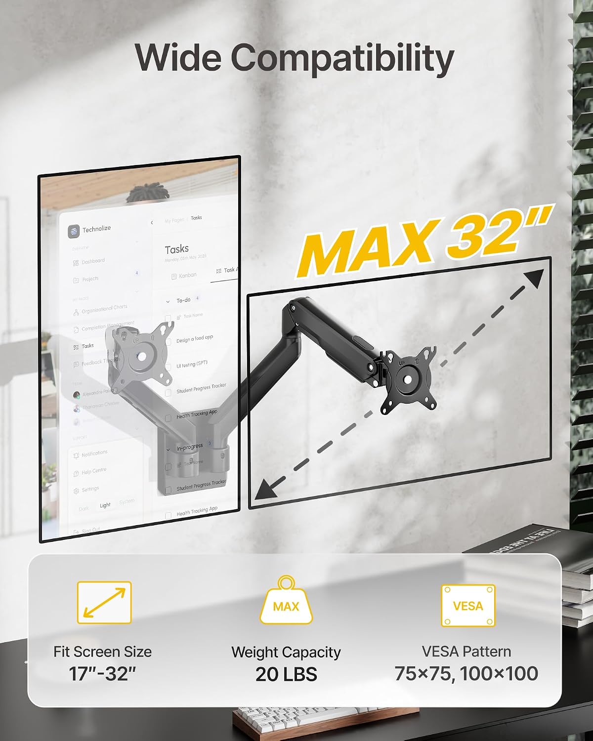 monTEK Dual Monitor Wall Mount, Wobble-Free Spring, 17–32" Full Motion
