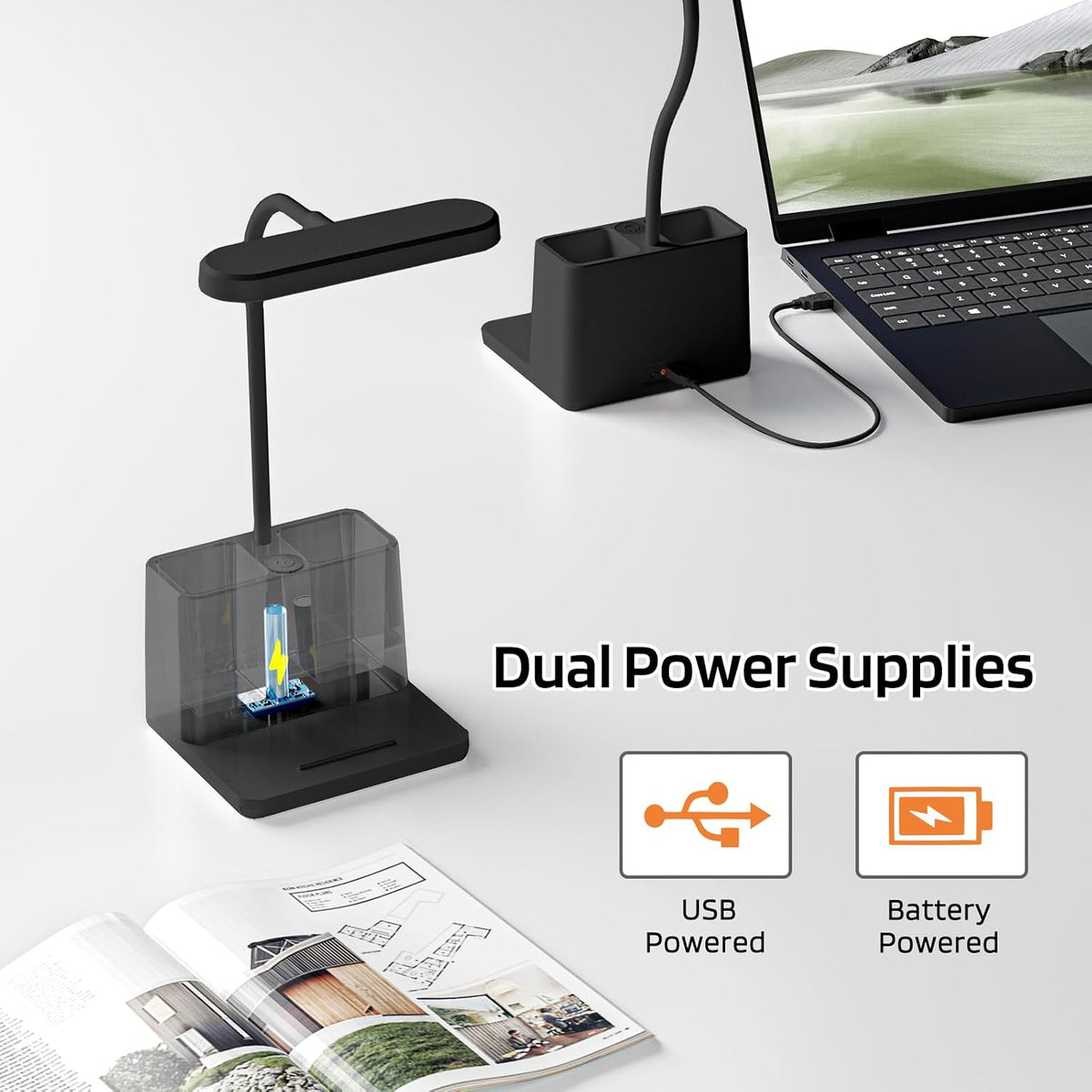 AXX Black LED Desk Lamp, Battery Operated Small Table Light for Dorm Room | Rechargeable, Battery-Powered, Cute, Dimmable, Gooseneck, Pen Holder, Touch Control, for Home Office Bedroom Desktop