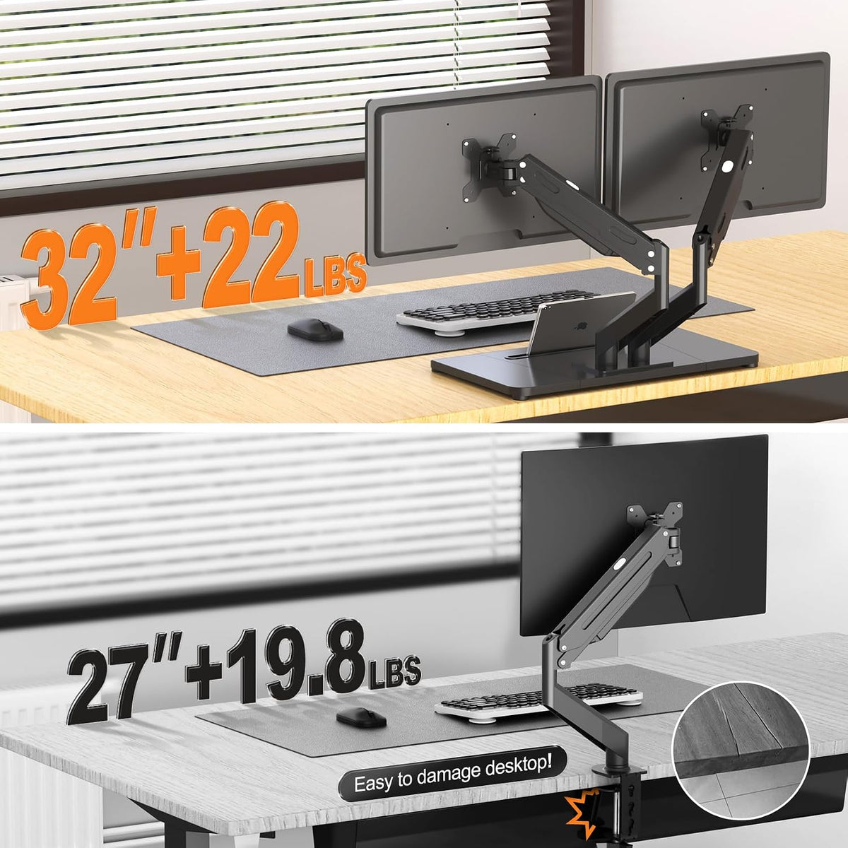 Pholiten Adjustable Dual Monitor Arms with Base for 17-32" Screens