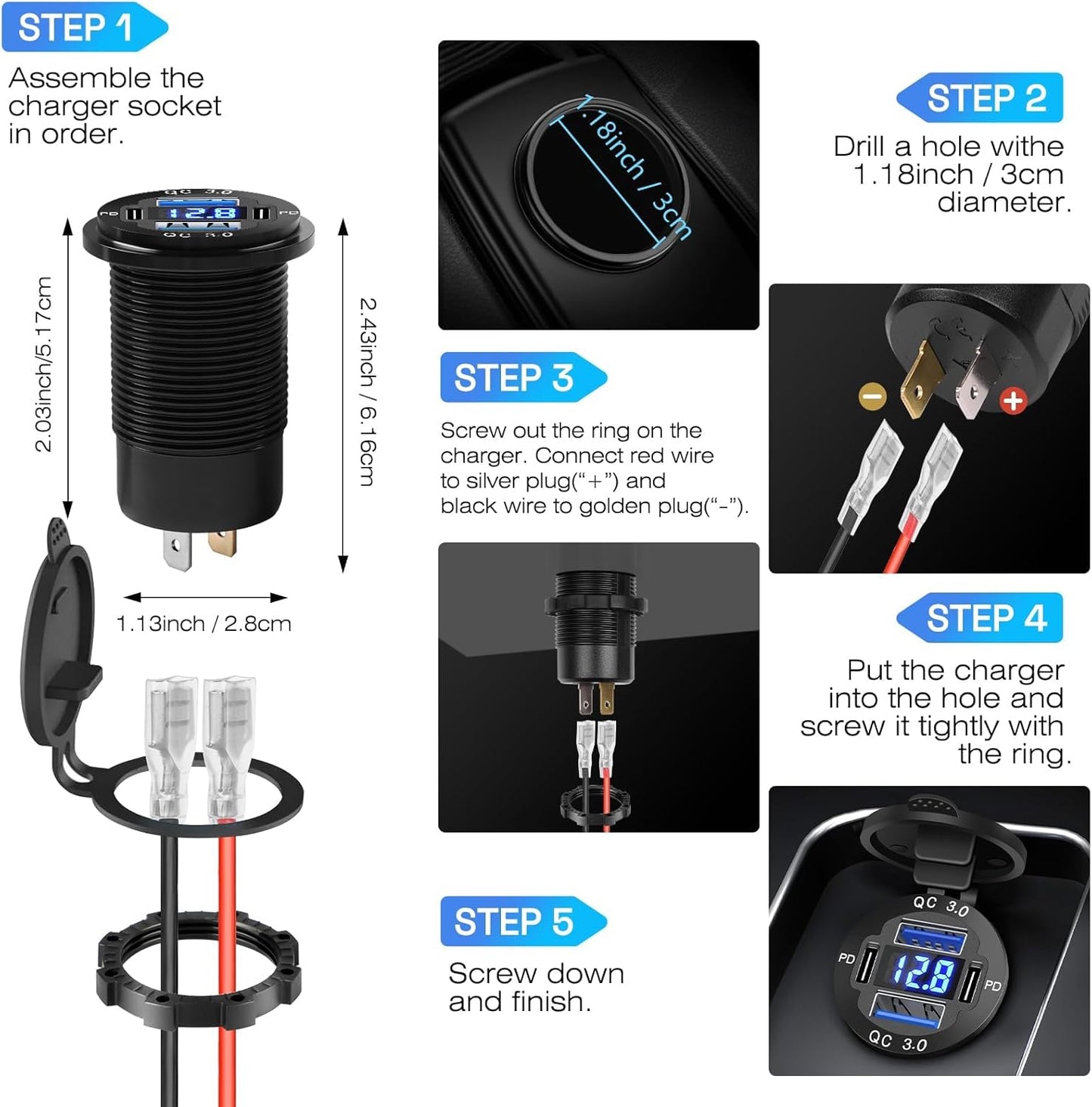 2Pcs 12V/24V Outlet with Voltmeter, Quick Charge 3.0 Dual USB Power Outlet, Waterproof Fast Charge USB Charger Socket DIY Kit for Car Boat Marine (2 Pack)