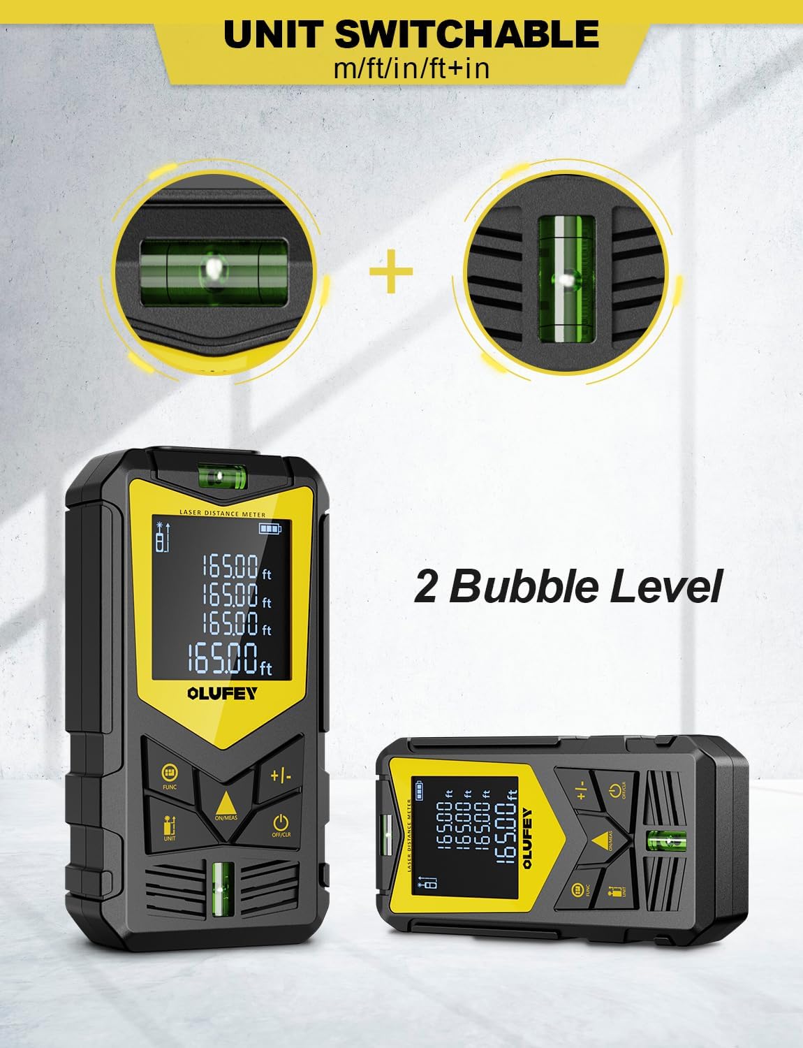 Laser Measure, OLUFEY 165ft Laser Distance Meter with 2 Bubble Levels, Black LCD Display and Pythagorean Mode, Measure Distance, Area and Volume