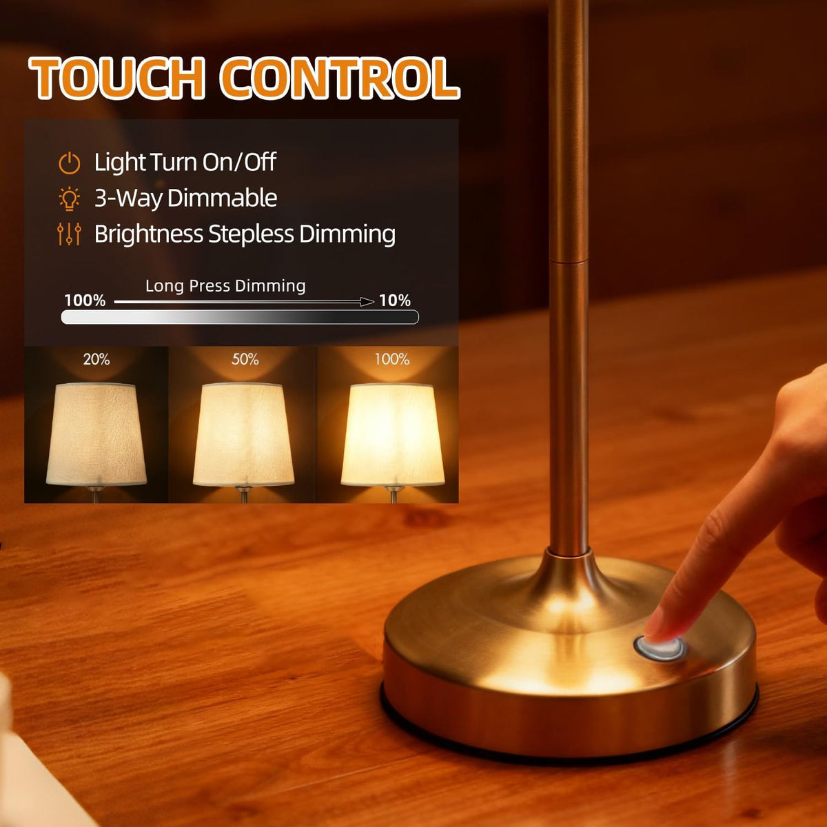 Deogos Cordless Table Lamp Gold with Dimmer, 4000mAH Battery Operated Lamp Rechargeable, 3 Color Temperature Touch Control Fabric Desk Light for Dining Room, Bedroom, Bar, Patio, Counter, Restaurant
