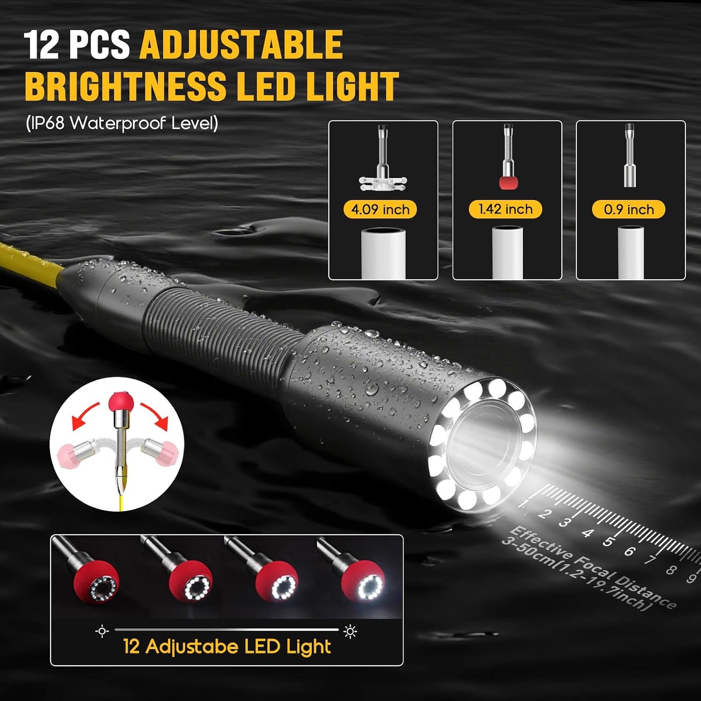 Sewer Camera 100FT, Can Connect External Monitor, Zoom in and Out, IP68 Waterproof, 12 pcs Adjustable Light, Plumbing Snake Cam with DVR Pipe Video Inspection, for Sewer Line, Drain, Duct, Plumbing