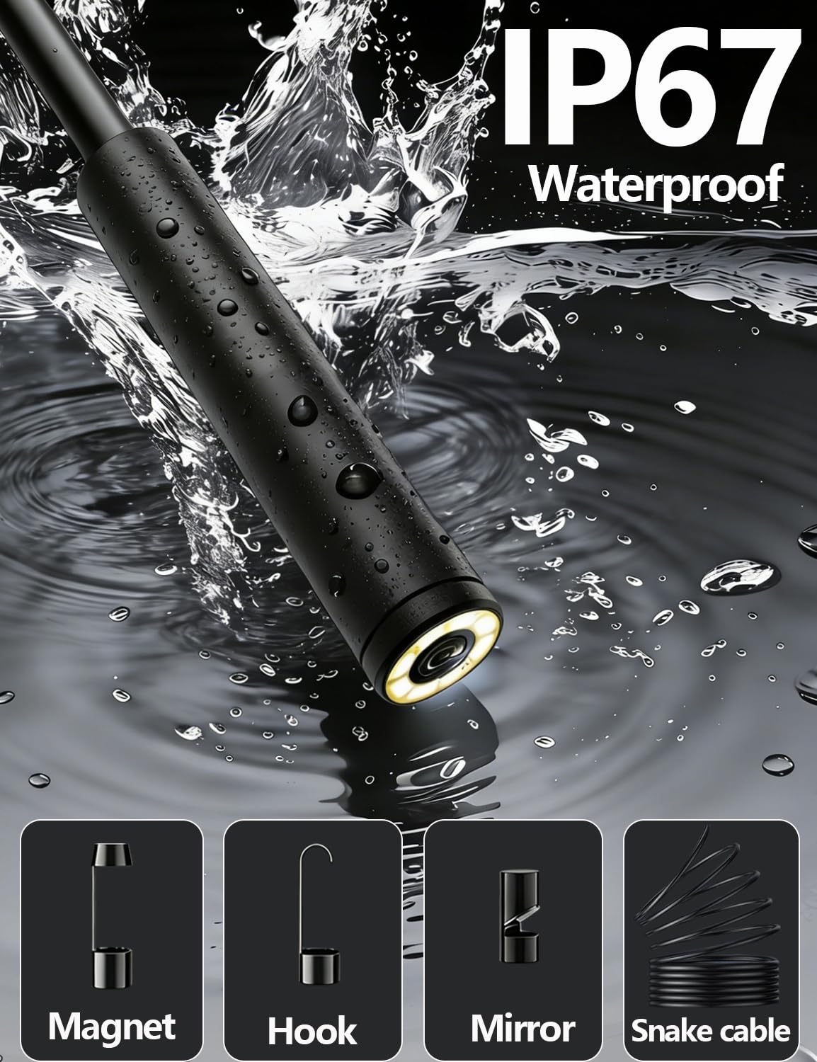 5.5mm Endoscope Camera, 1920P HD Borescope with 8 Adjustable LED Lights, Semi-Rigid Snake Cable, IP67 Waterproof, 16.4ft Single Lens for iOS & Android