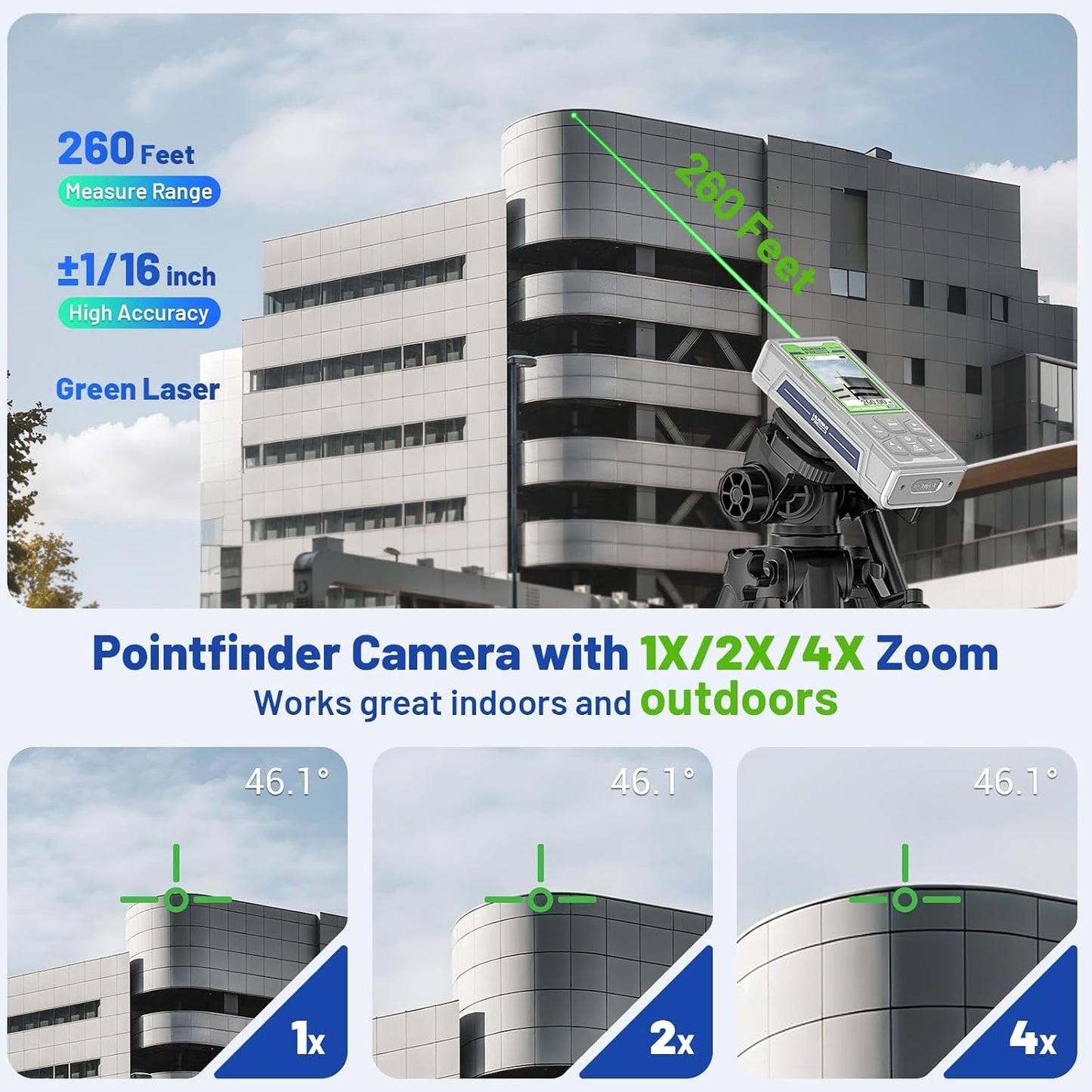 Huepar Pro Laser Measuring Tool, 260Ft Outdoor Laser Measure with Camera&Bluetooth Connected, Green Laser Distance Meter with P2P Technology, Free APP, IP68, Micro USB Cable, Hand Strap&Pouch-SW-80GQ