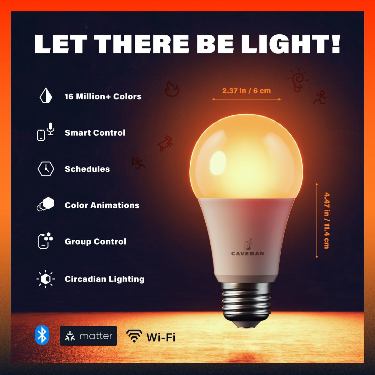 Caveman Matter & WiFi A19 Smart LED Light Bulb, 60W 800lm 4PK
