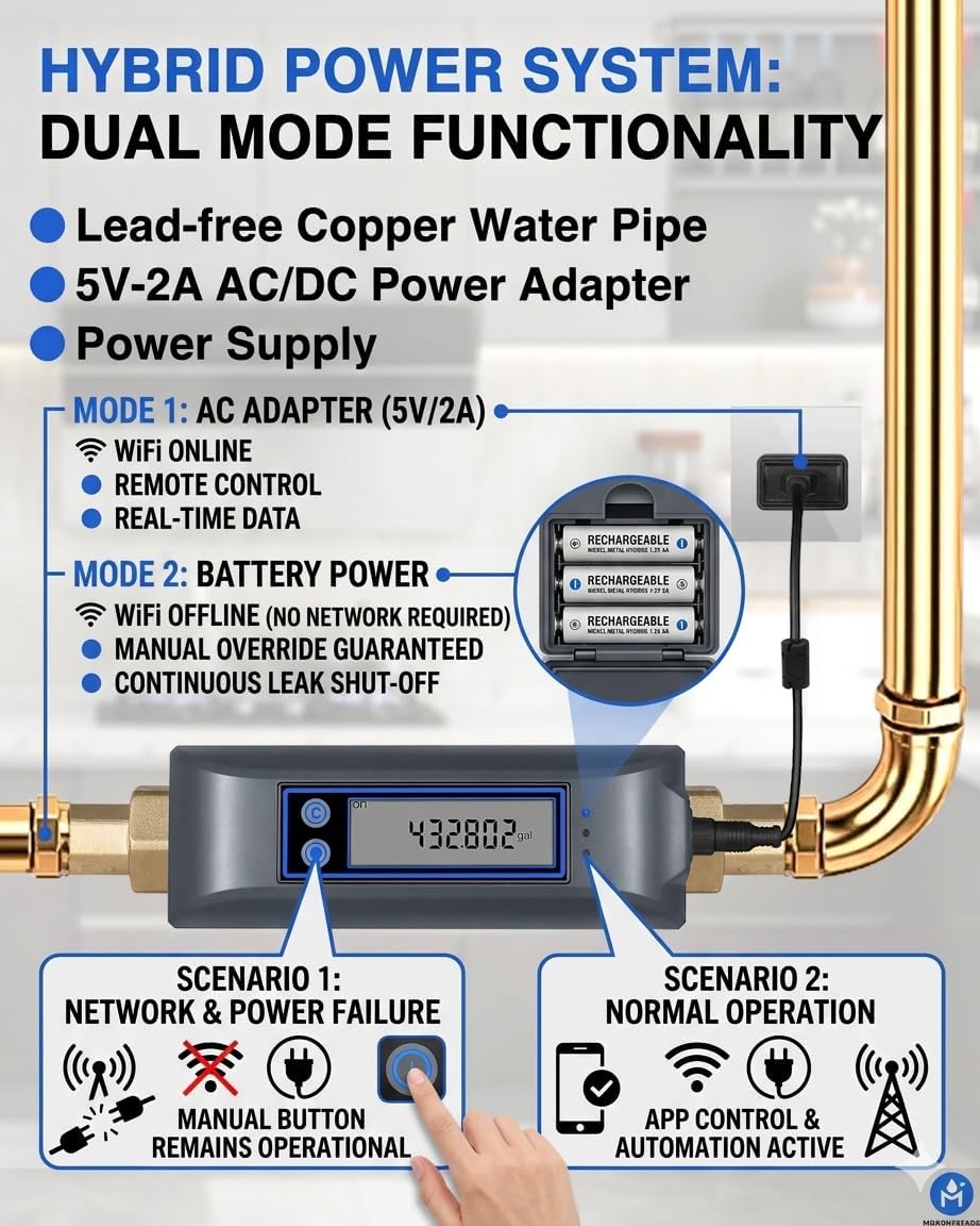 Haozee WiFi Smart Water Valve and Auto Shut-Off | Ultrasonic Flow Detection,Customizable High/Low Flow Alerts, With Wifi Water Sensor,For 3/4" Diameter DN20 Pipe