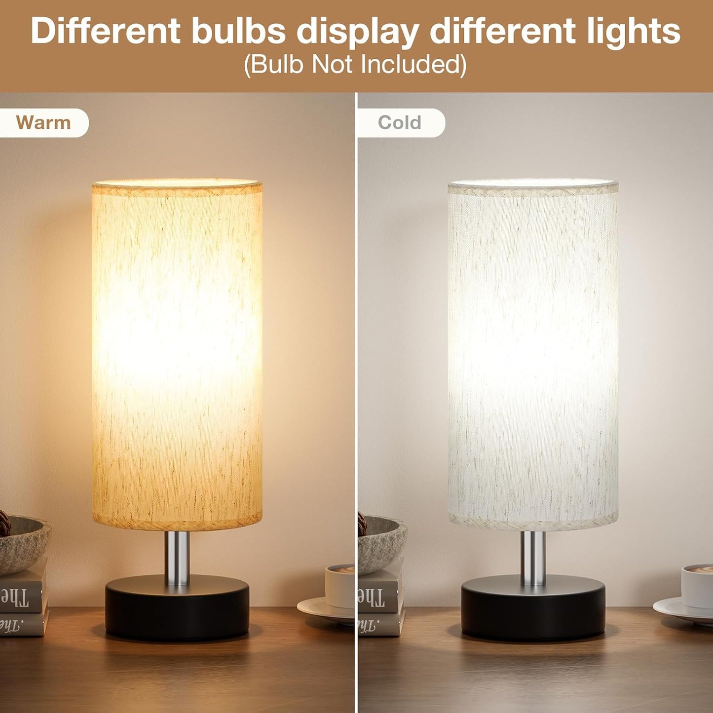 PartageiZ Small Table Lamp for Bedroom - Bedside Lamps for Night Stands | Bulb not Included | Minimalist Desk Lamp | Linen Fabric Shade | for Living Room | for Dorm | 11.6" Inline Control