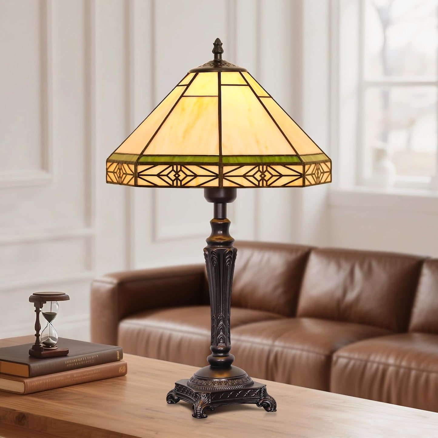 Table Lamp with Stained Glass Shade, Vintage Style Desk Lamp, Mid Century Modern Bedside Nightstand Decorative Lamps with Rocker Switch, Unique Accent Light for Bedroom Living Room Office (E26 Base)