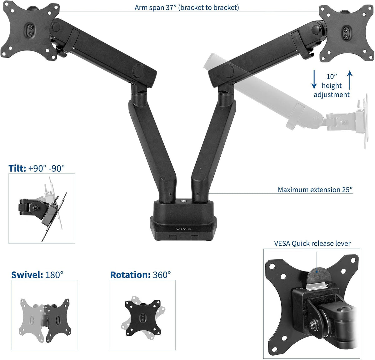 VIVO Premium Aluminum Full Motion Dual Monitor Desk Mount Stand with Lift Engine Arm, Fits Ultrawide Screens up to 35 inches, STAND-V102BB