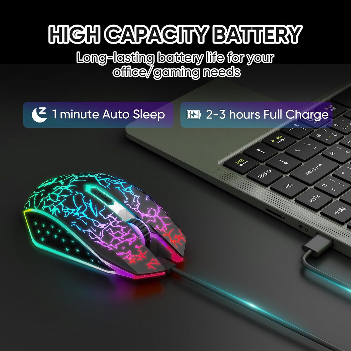 MELOGAGA Wireless Bluetooth Gaming Mouse, RGB Rechargeable, Silent, Black | Dual-Mode Bluetooth & 2.4G, Rechargeable Battery, RGB Lighting, Silent Click, 3 DPI Levels for PC Laptop Desktop Mac