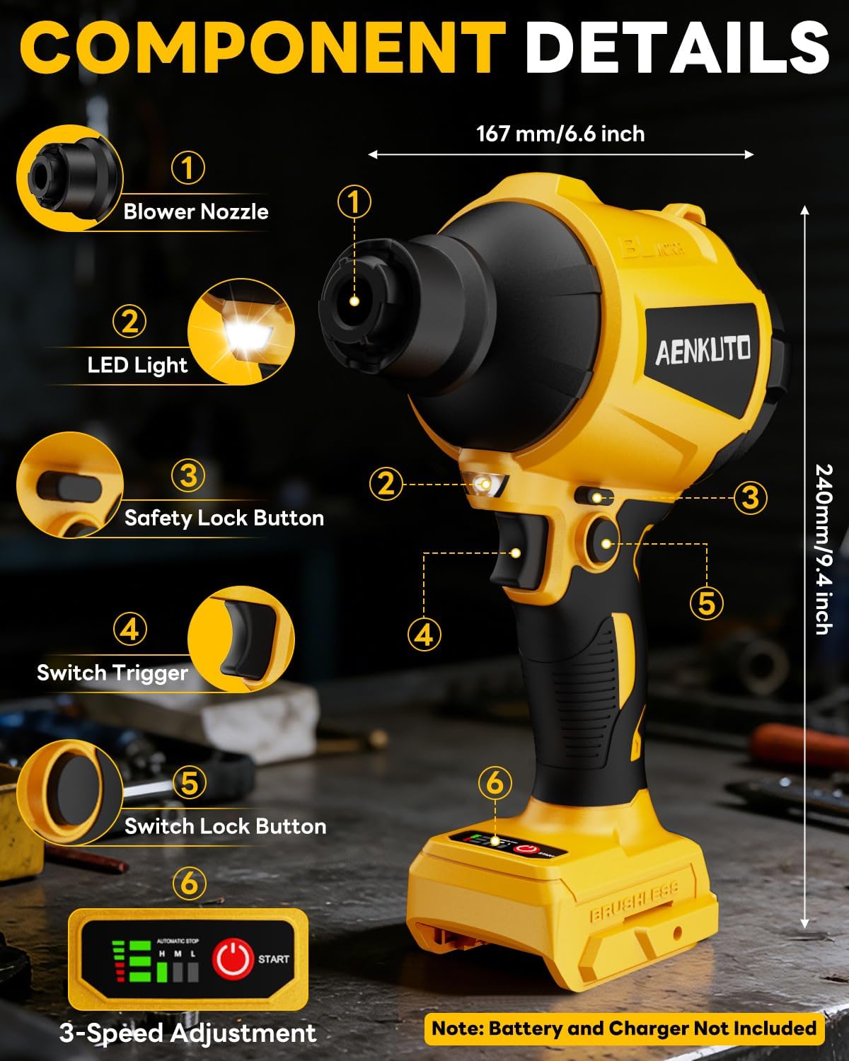 Cordless Compressed Air Duster & Blower Compatible with DeWalt 20V MAX Battery, Brushless Handheld Sawdust Blower, 3-Speed Control, LED Light, Portable Inflatable Pump for Camping (No Battery)