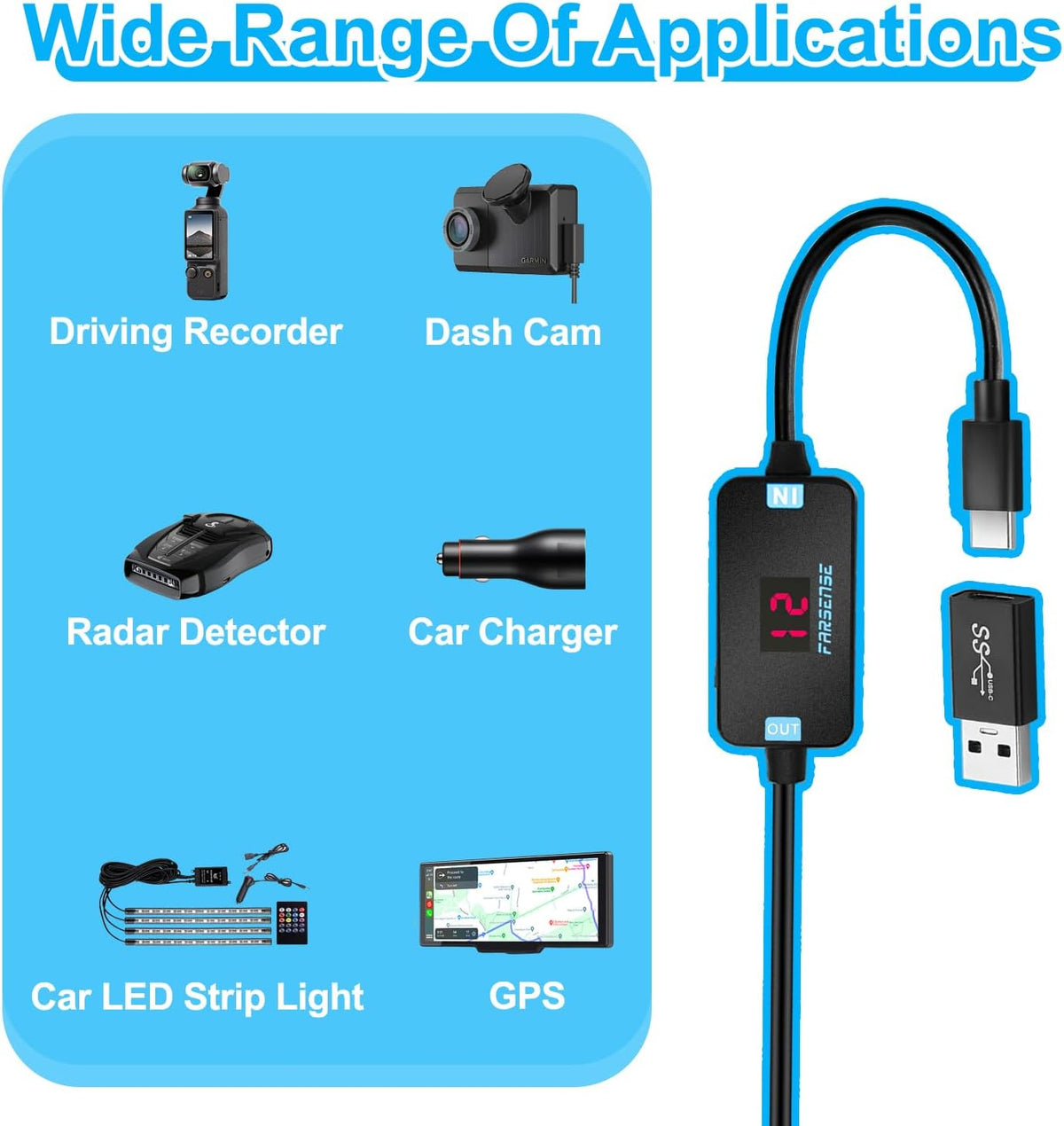 FARSENSE USB A to 12V Cigarette Lighter Adapter(36W)-USB C Male to Cigarette Lighter Female Socket PD Trigger Cable(2FT) with Switching Voltage and Display Voltage,for Dash Cam,GPS,Etc