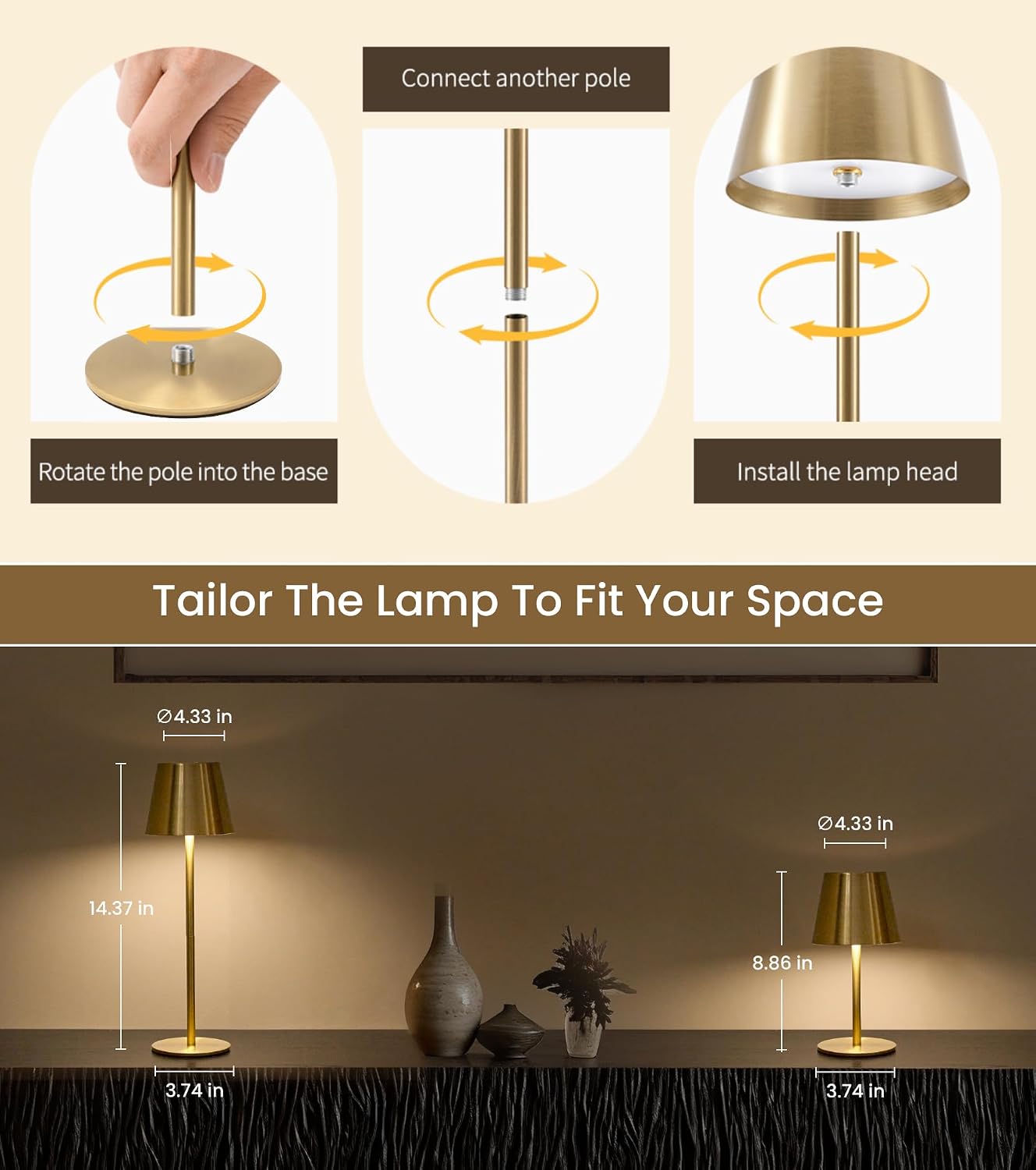 3 Pack Cordless Table Lamp, Portable Battery Operated Lamp with 3 Color Temps and Stepless Dimming, Rechargeable Table Lamp for Dinner, Desk, Cafe, Outdoor (Brushed Gold)