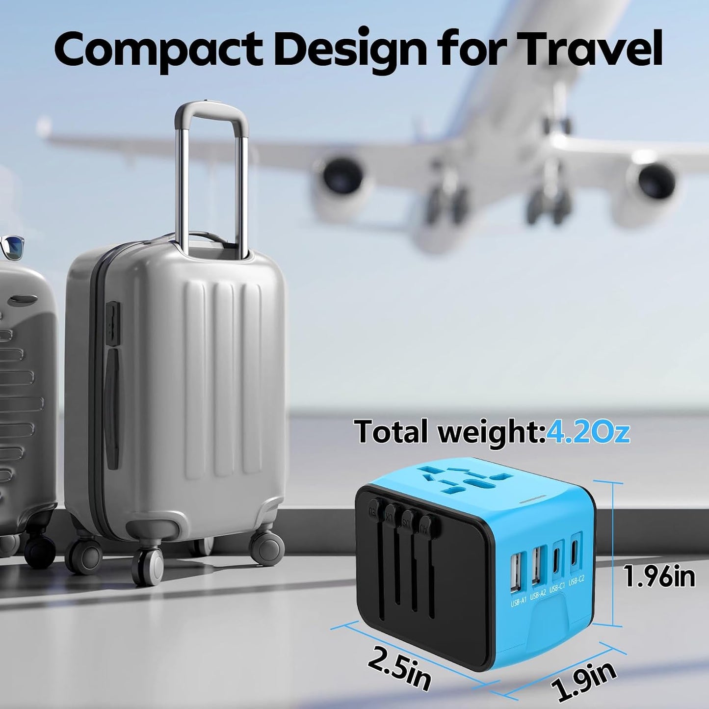 Universal Travel Adapter, 2 USB-C & 2 USB-A Ports, 2500W AC Outlet | All-in-One International Plug Adapter, EU/US/UK/AU Plugs, Compact Worldwide Travel Charger for Trips in 200+ Countries