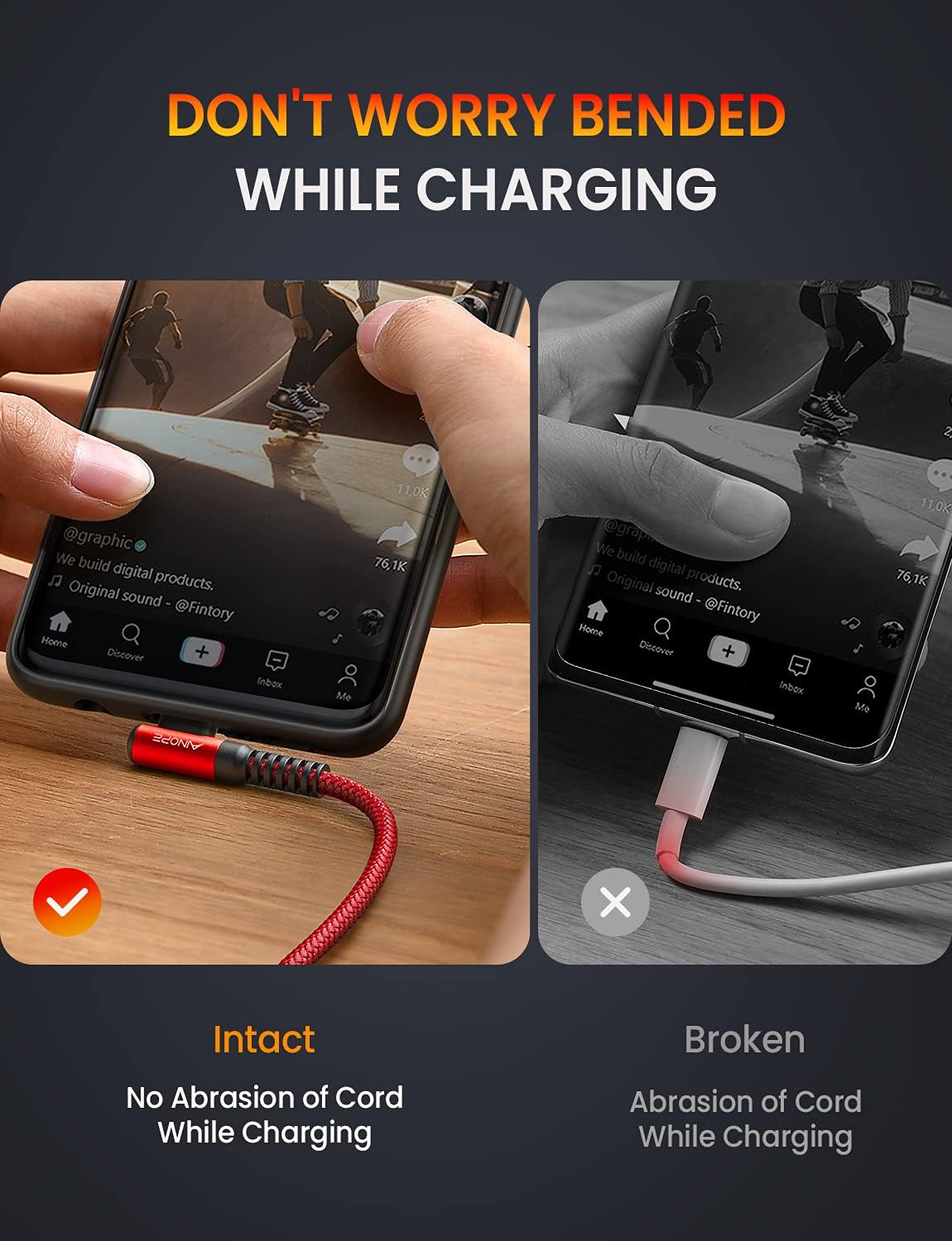 AINOPE USB C Cable 60W 2-Pack 6.6ft Nylon Braided USB C to USB C Cable Type C Charger Fast Charging Right Angle USBC Cable Charger Cord for iPhone 16 Pro Max 15 Plus Samsung S24 S23 iPad Pro Red