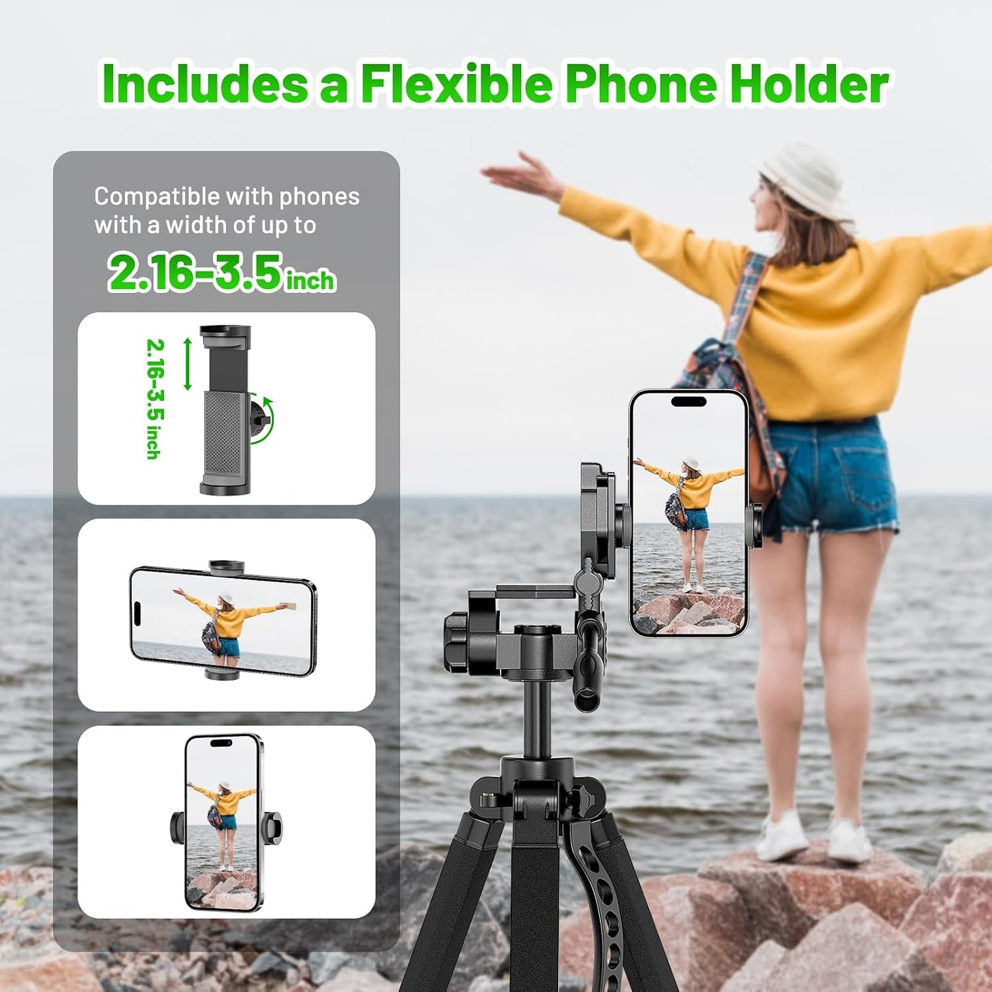 Huepar Professional Laser Level Tripod, Fathers Day Dad Gifts, 68 Inch Adjustable Height, Suit for Heavy Duty Lasers Levels, Point Laser, Distance Measure - Phone Holder, 1/4" & 5/8" Thread Mount