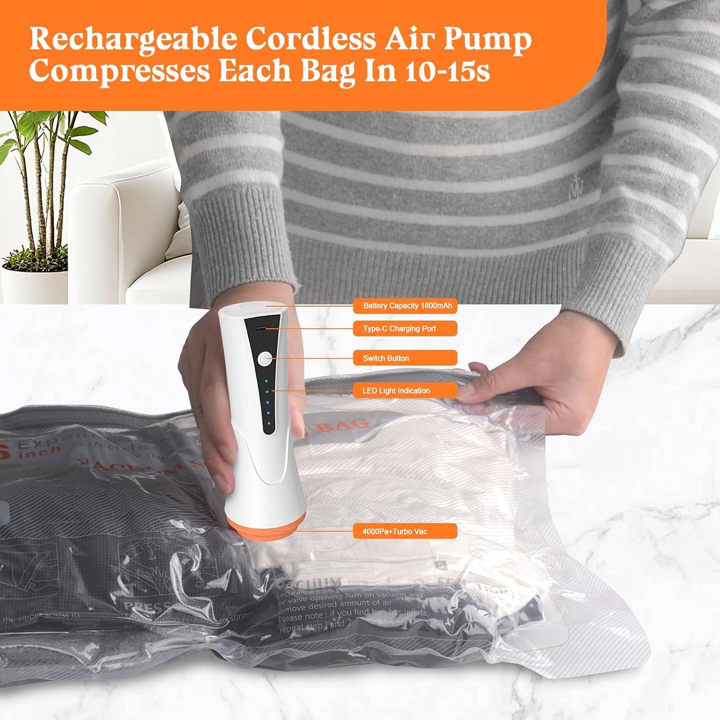 Vacuum Storage Bags for Travel with Rechargeable Air Pump - 16 Pack Vacuum Seal Bags for Clothing Space Saver, Compression Packing Bags for Suitcase Luggage, Blankets, Bedding, Seasonal Storage