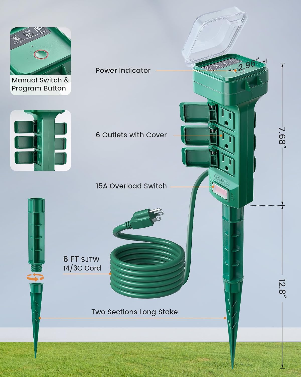 SURAIELEC Outdoor Power Stake Smart WiFi Light Timer, 6 Outlets, Waterproof