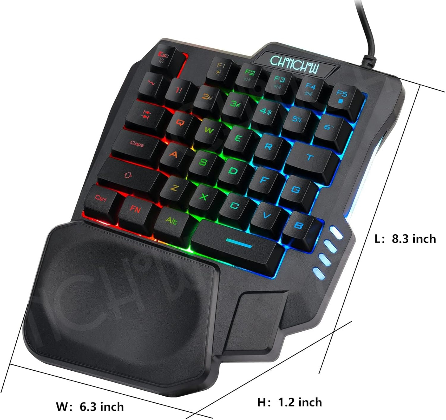 CHONCHOW One Handed Gaming Keyboard, 35 Keys, Rainbow LED, Wired USB, Ergonomic with Wrist Rest, Mini Portable, PS4/PS5/Xbox/PC/Laptop Compatible