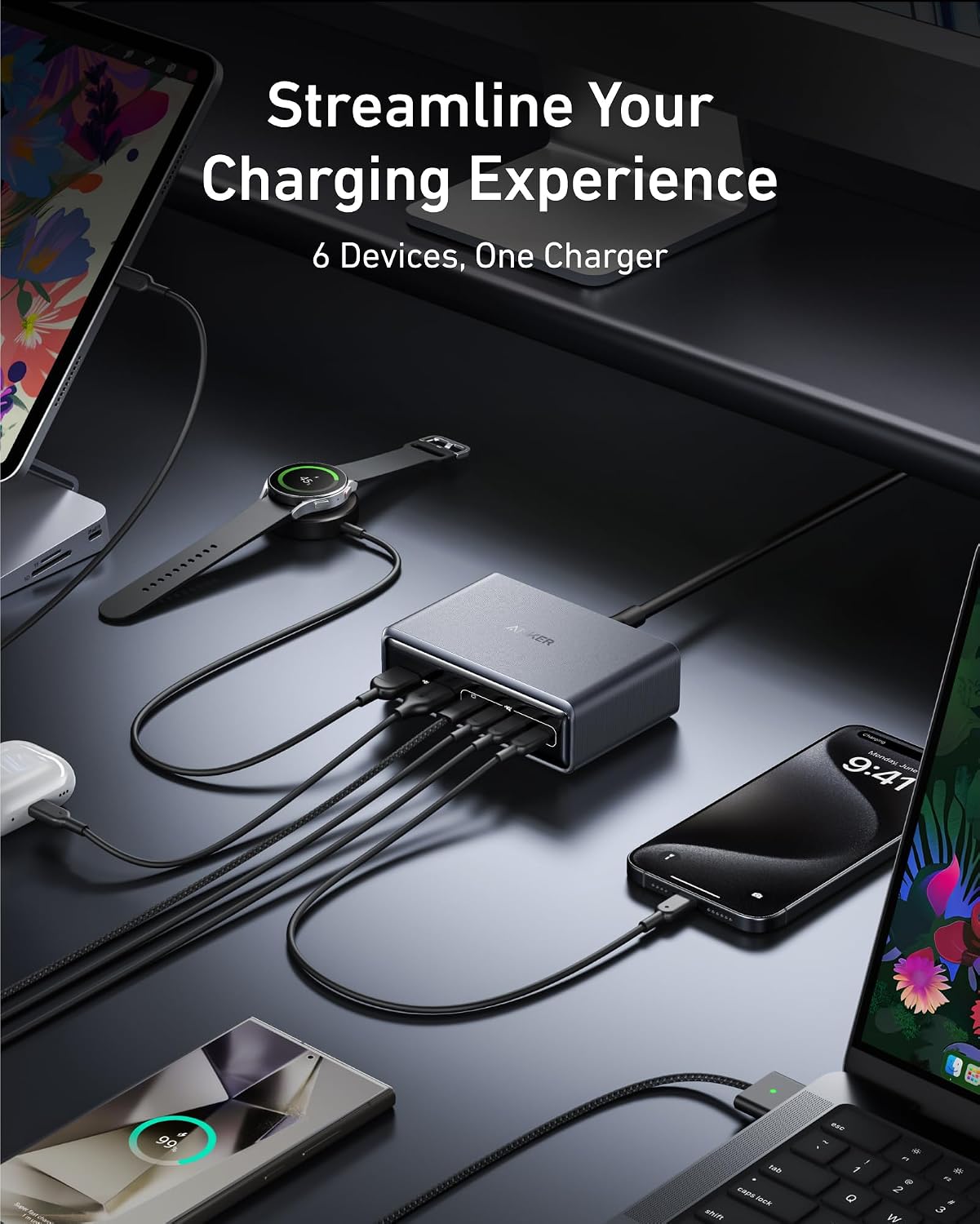 Anker Prime Charging Station, 200W 6-Port GaN Desktop Charger | Fast Charging USB C Charger for Multiple Devices, Compatible with iPhone, Galaxy, MacBook, Dell and More