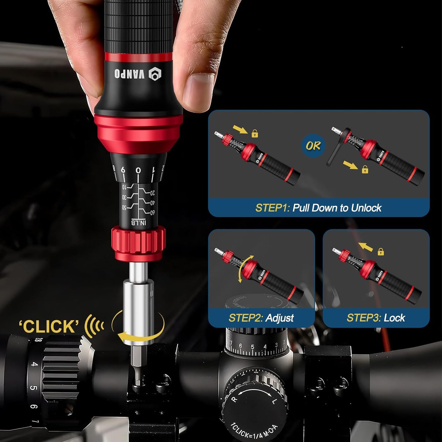 VANPO Torque Screwdriver, 10–60 in-lb, 64 Pieces, Click Style for Gunsmith | 1/4" Drive Torque Wrench Screwdriver Set with S2 Bits, Sockets and Storage Case for Electronics, Bike & Home DIY