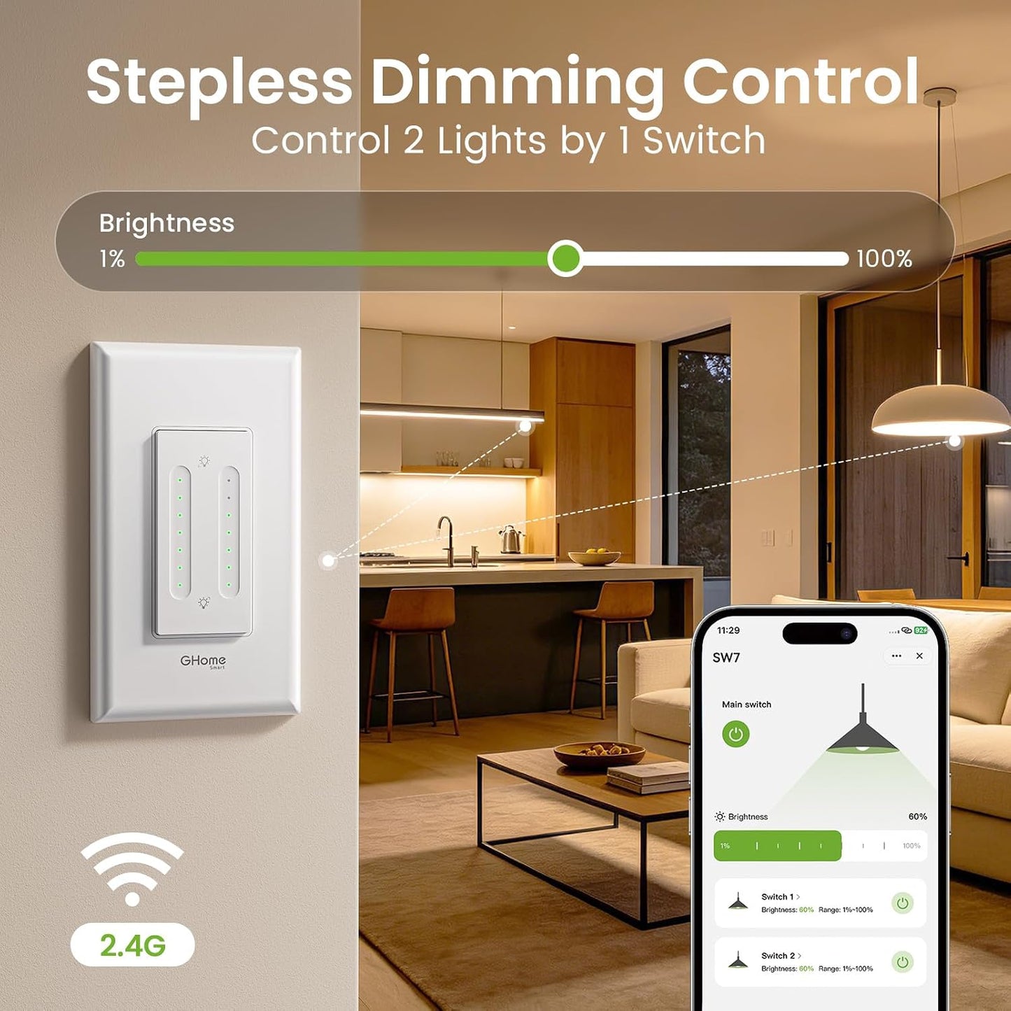 GHome Smart Dual Dimmer Light Switch, 2 in 1 Single Pole Smart Dimmer Switch Works with Alexa & Google Home, WiFi 2.4Ghz, Stepless Dimming, Voice Control, Remote Control, Schedule & Timer, FCC Listed