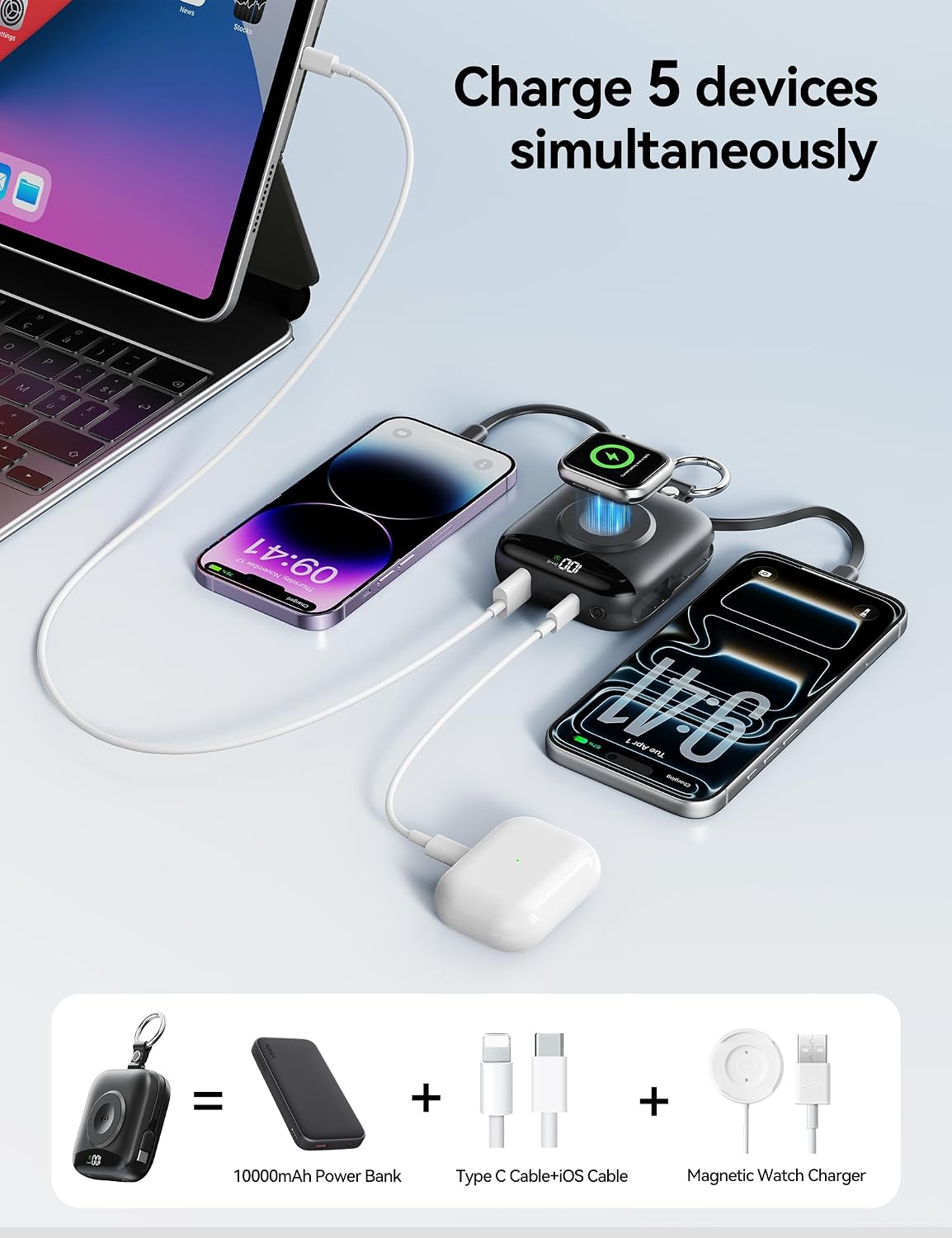 Portable Charger 10000mAh 22.5W Power Bank Built-in 2 Cables Keychain | Charge 5 Devices, TSA approved, Travel Fast Charging Battery Pack for iPhone Samsung Google Android & iWatch Charger, Black