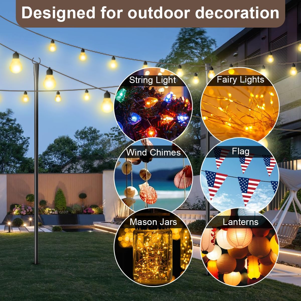 6 Pack 9FT String Light Poles for Outdoor,Metal Lights Hanging Pole Outside with Fork,Light Stand for Patio, Pergola, Garden, Backyard, Yard, Camping Party