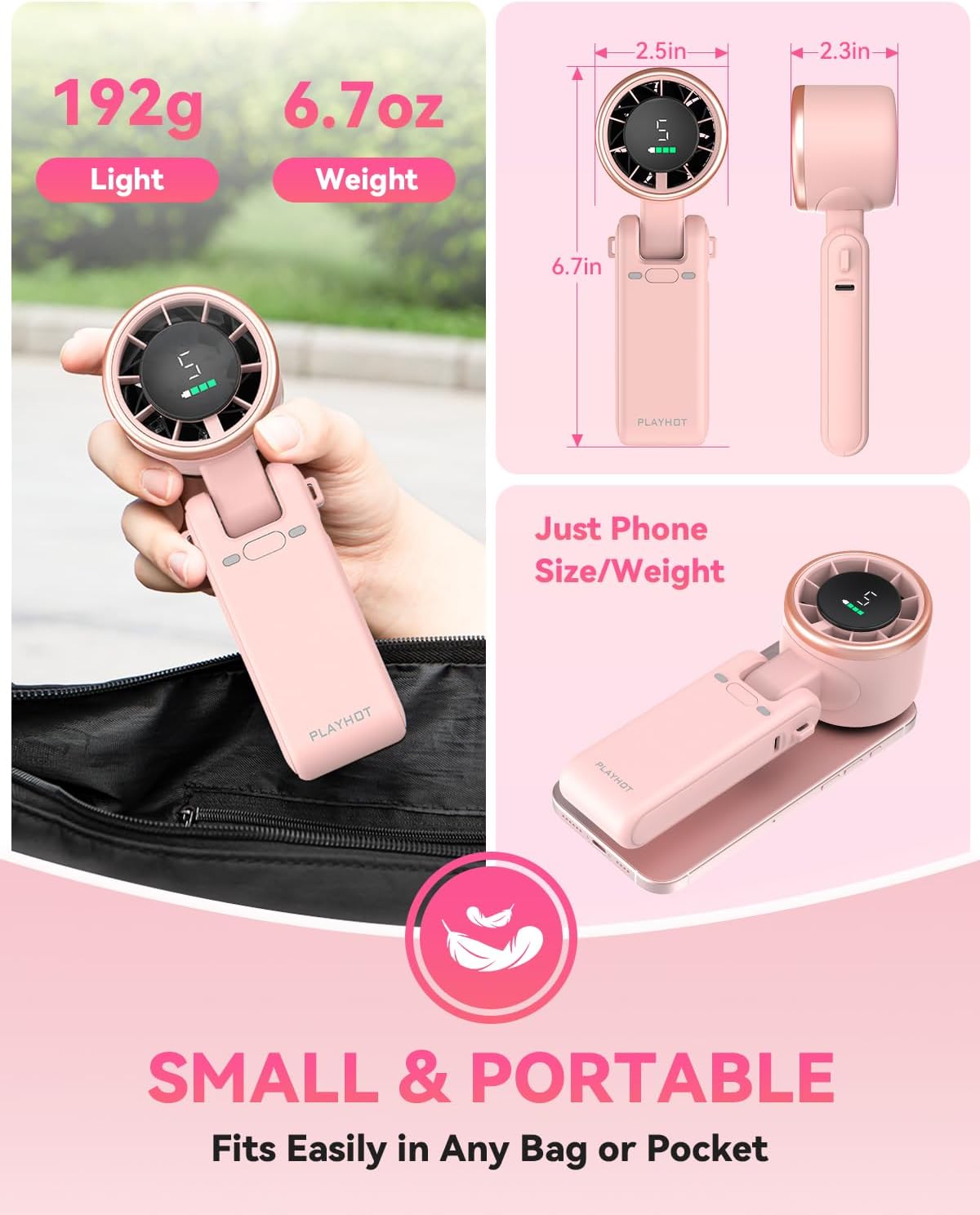 PlayHot Portable Handheld Turbo Fan, Travel Essentials, Gifts for Women/Men | 5-Speed, Up to 12H, 10m/s Airflow, USB-C Rechargeable, LED Display, 3-in-1 Foldable Personal Fan for Cruise, Beach, Vacation