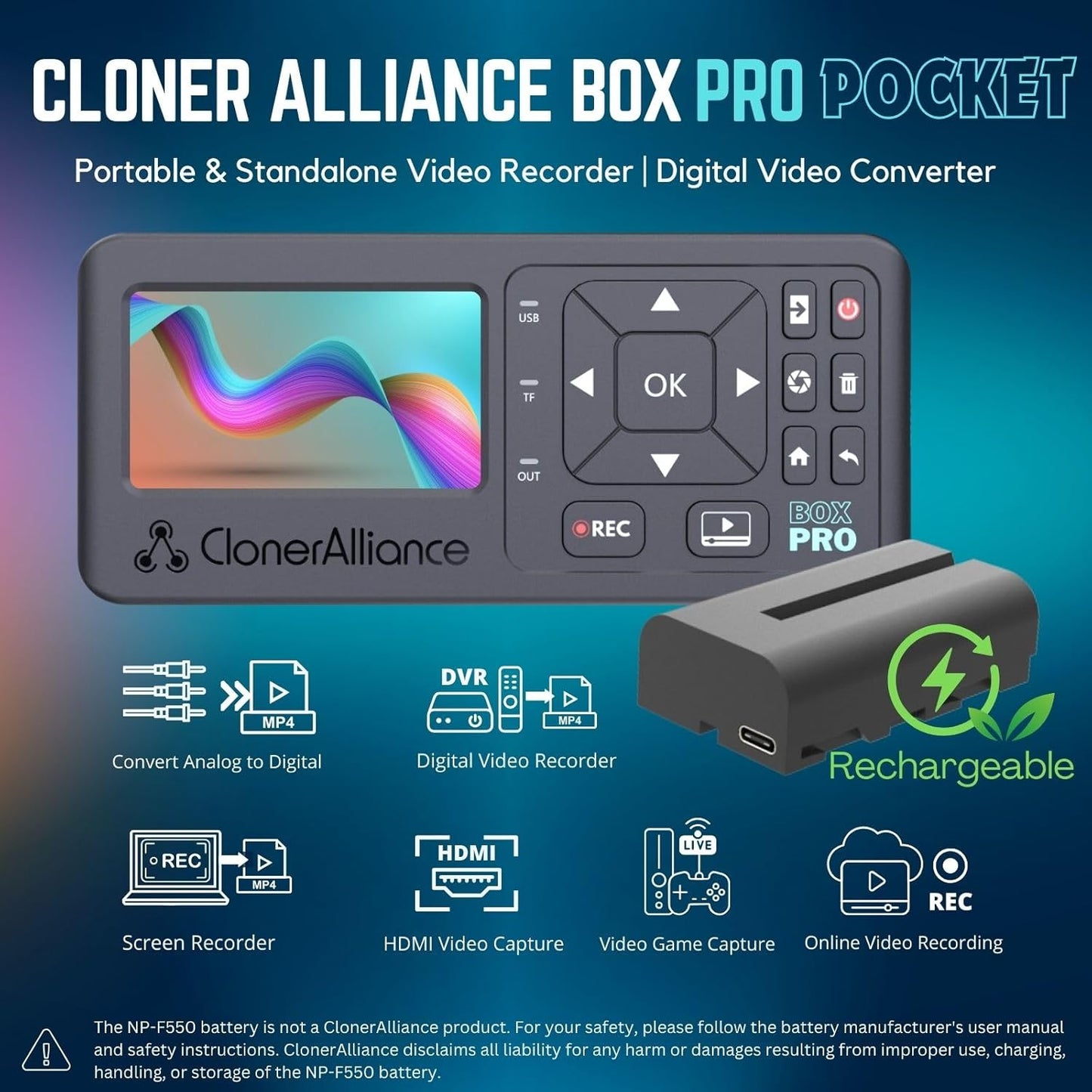 ClonerAlliance Box Pro Pocket, Portable 1080p60fps Video Capture Device & Recorder with Built-in Screen, Battery Power, and Support for HDMI, RCA, YPbPr, VGA Inputs.