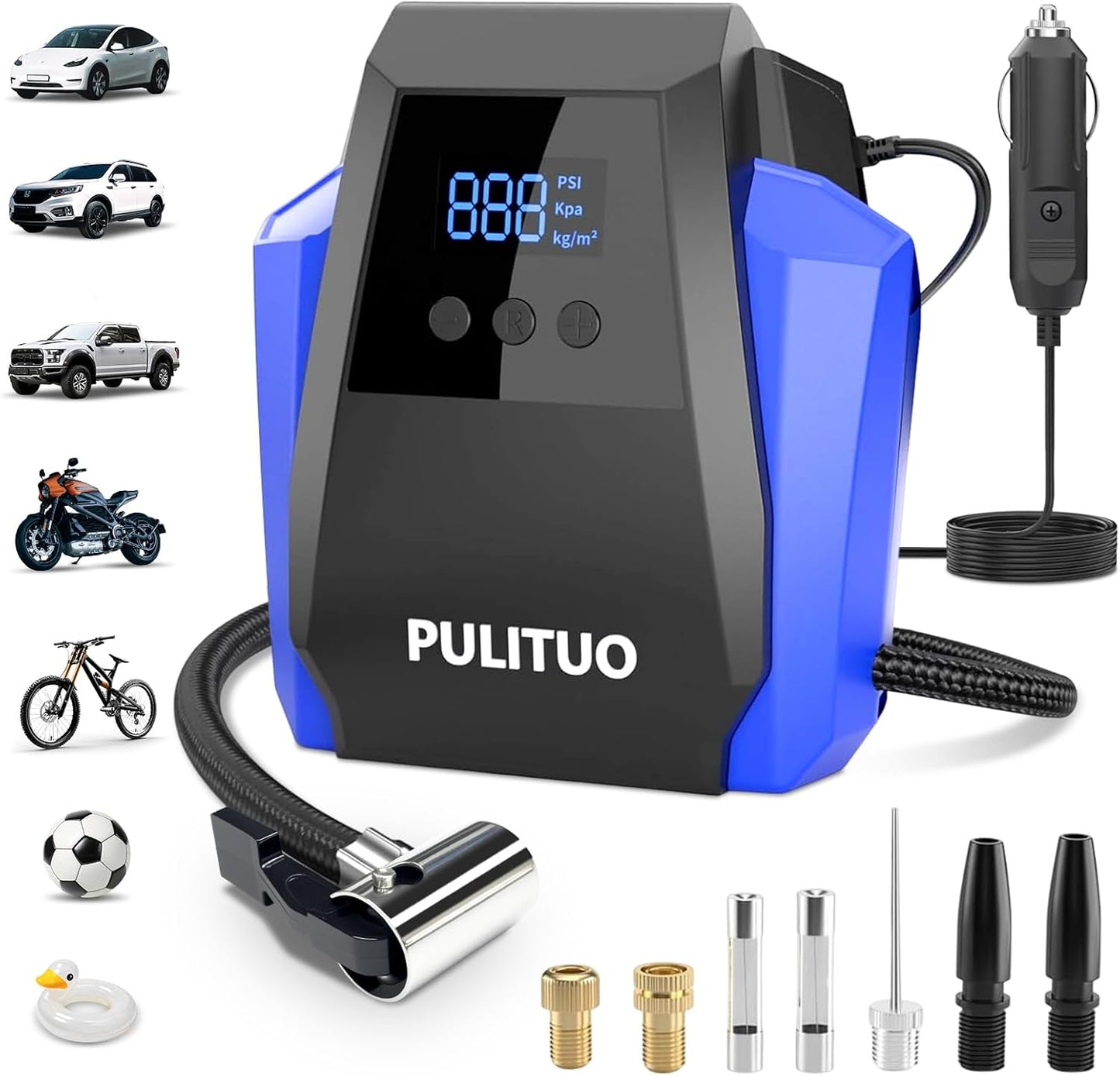 12V DC Tire Inflator - Portable Air Compressor 35L/min, 150 PSI Car Tire Pump with Auto Shut Off, Digital Pressure Gauge and LED Light, Blue
