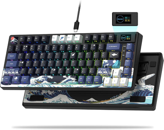 Womier SK80 75% Keyboard with Color Multimedia Display Gaming Keyboard | Creamy Sound Mechanical Wired Hot Swappable Gasket RGB Custom Key board, Pre-lubed Stabilizer for Mac/Win, Black Kanagawa